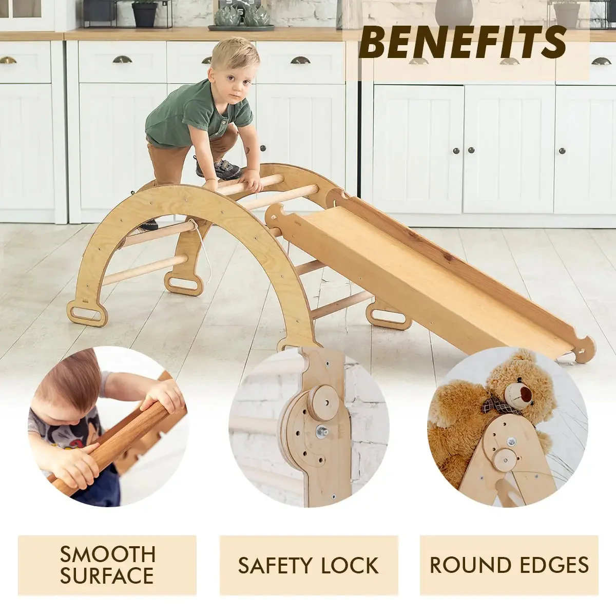 3in1 Montessori Climbing Set: Climbing Arch + Slide Board + Cushion - Beige - Image 5