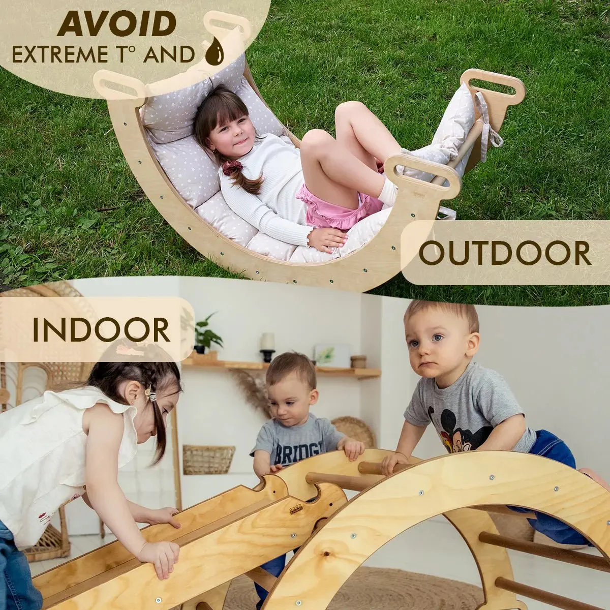 3in1 Montessori Climbing Set: Climbing Arch + Slide Board + Cushion - Beige - Image 6