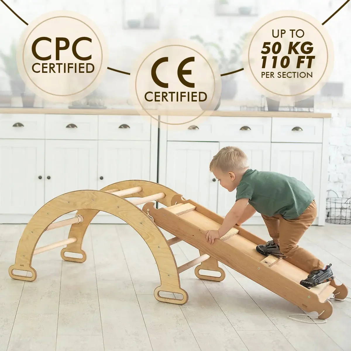 3in1 Montessori Climbing Set: Climbing Arch + Slide Board + Cushion - Beige - Image 7