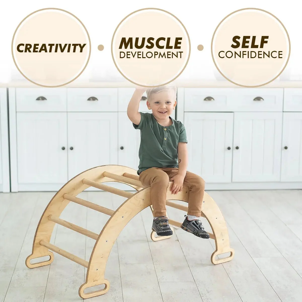 3in1 Montessori Climbing Set: Climbing Arch + Slide Board + Cushion - Beige - Image 9