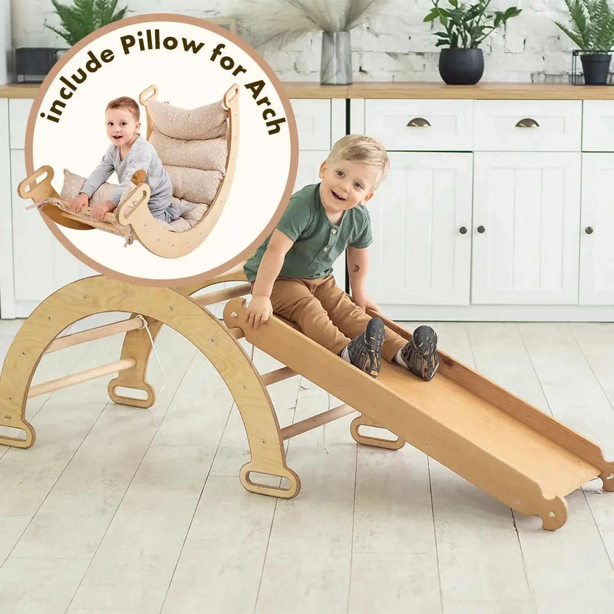 3in1 Montessori Climbing Set: Climbing Arch + Slide Board + Cushion – Chocolate - Image 10