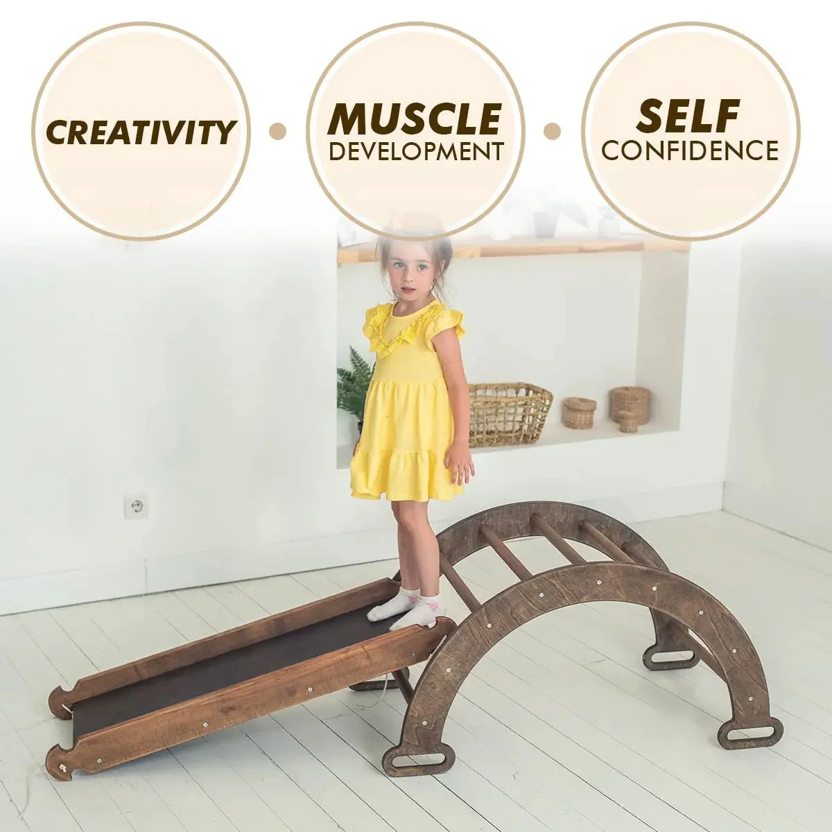 3in1 Montessori Climbing Set: Climbing Arch + Slide Board + Cushion – Chocolate - Image 9