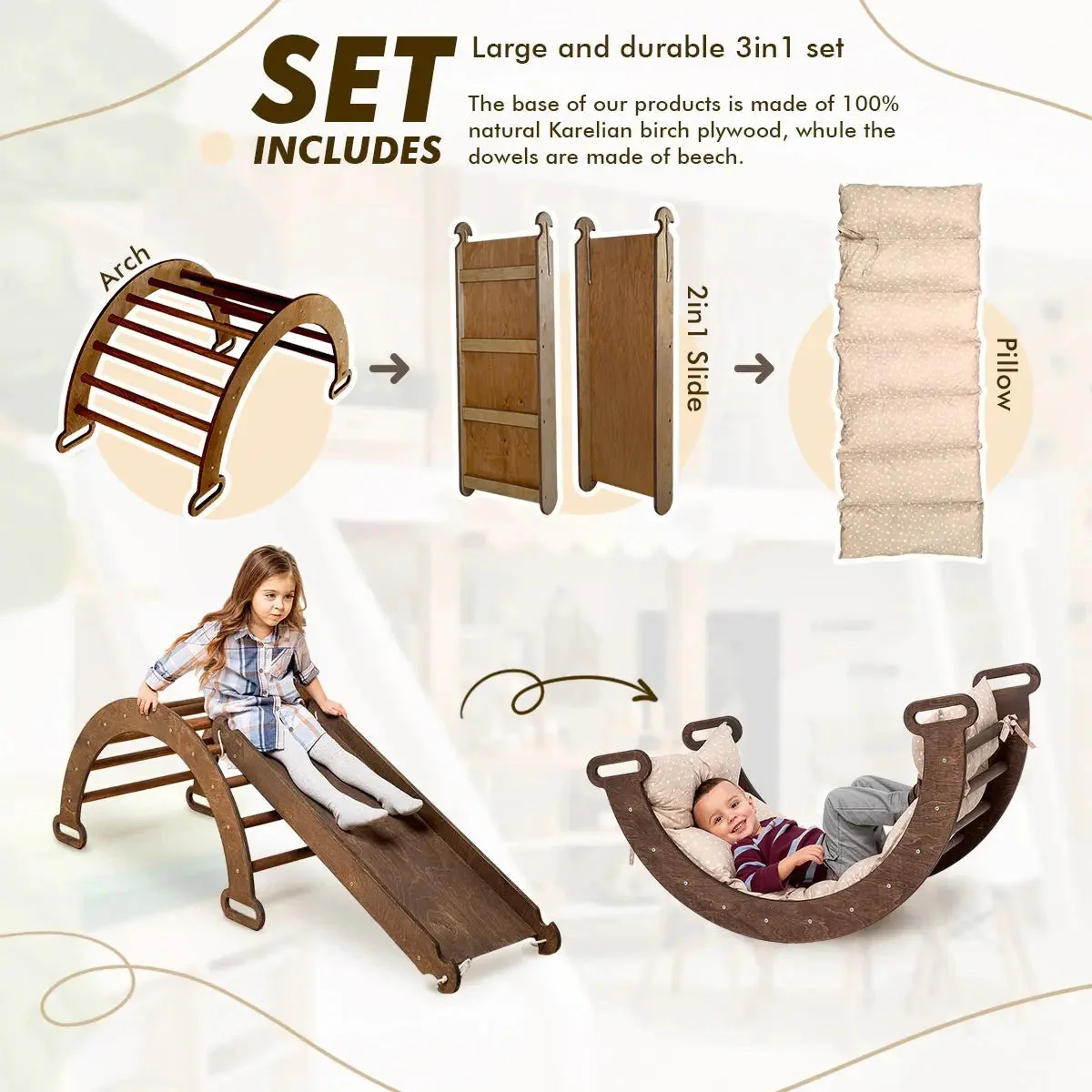 3in1 Montessori Climbing Set: Climbing Arch + Slide Board + Cushion – Chocolate - Image 2