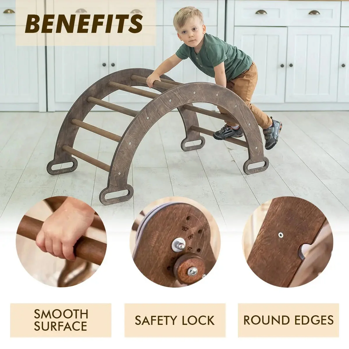 3in1 Montessori Climbing Set: Climbing Arch + Slide Board + Cushion – Chocolate - Image 6