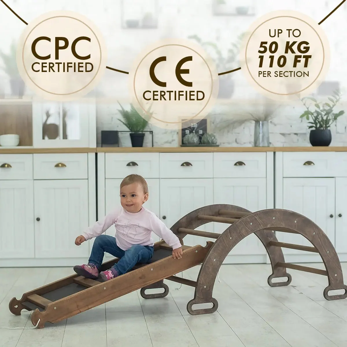 3in1 Montessori Climbing Set: Climbing Arch + Slide Board + Cushion – Chocolate - Image 7