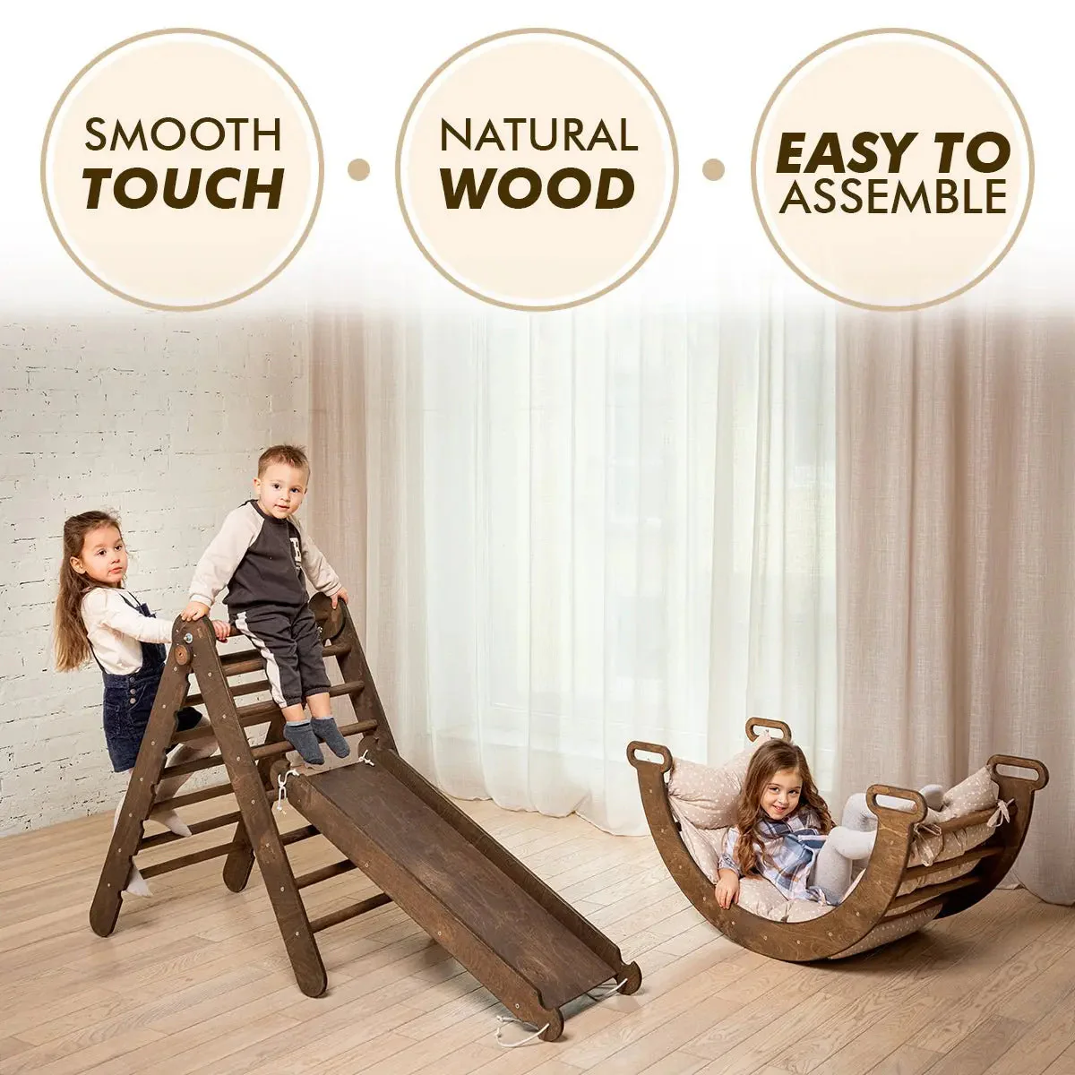 3in1 Montessori Climbing Set: Climbing Arch + Slide Board + Cushion – Chocolate - Image 8
