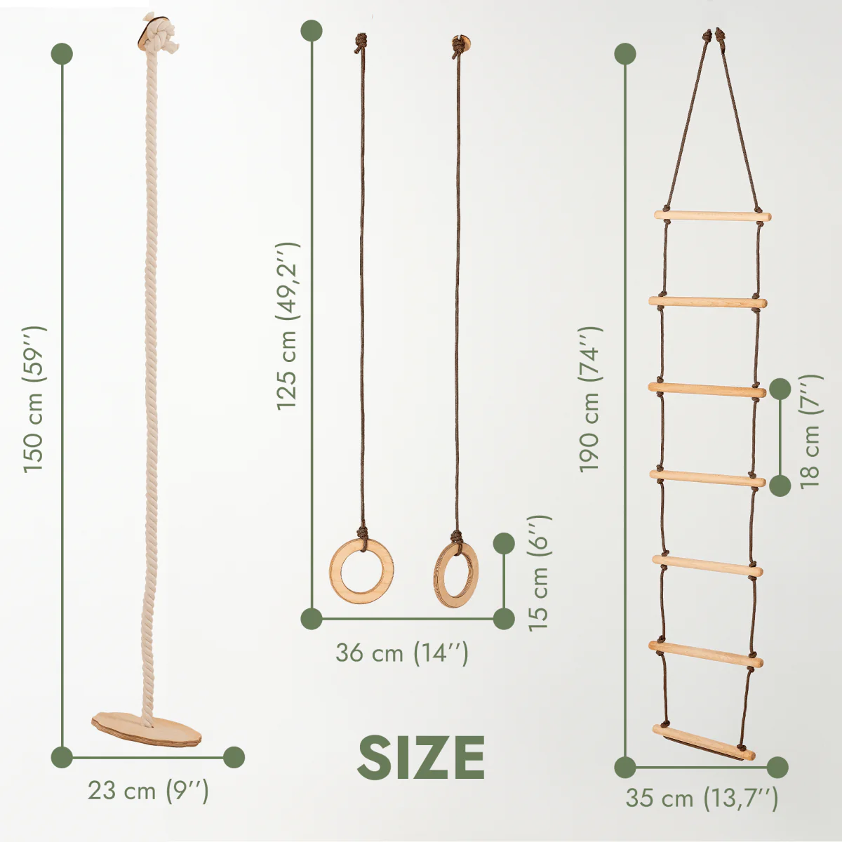 3in1 Swing & Climbing Set: Rope Ladder, Gym Rings & Disc Swing - Image 2