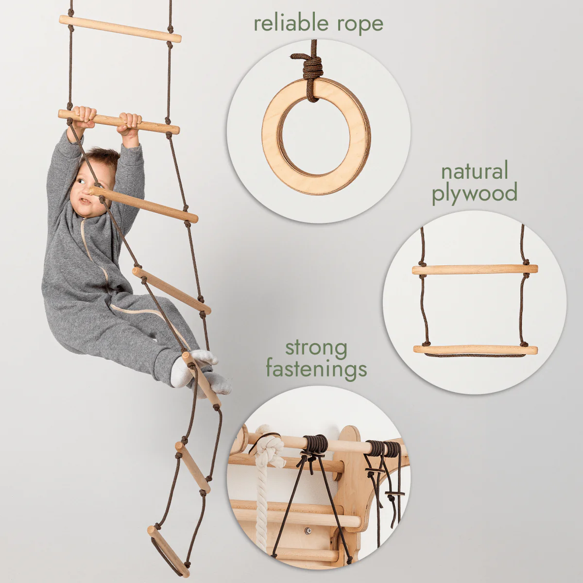 3in1 Swing & Climbing Set: Rope Ladder, Gym Rings & Disc Swing - Image 3