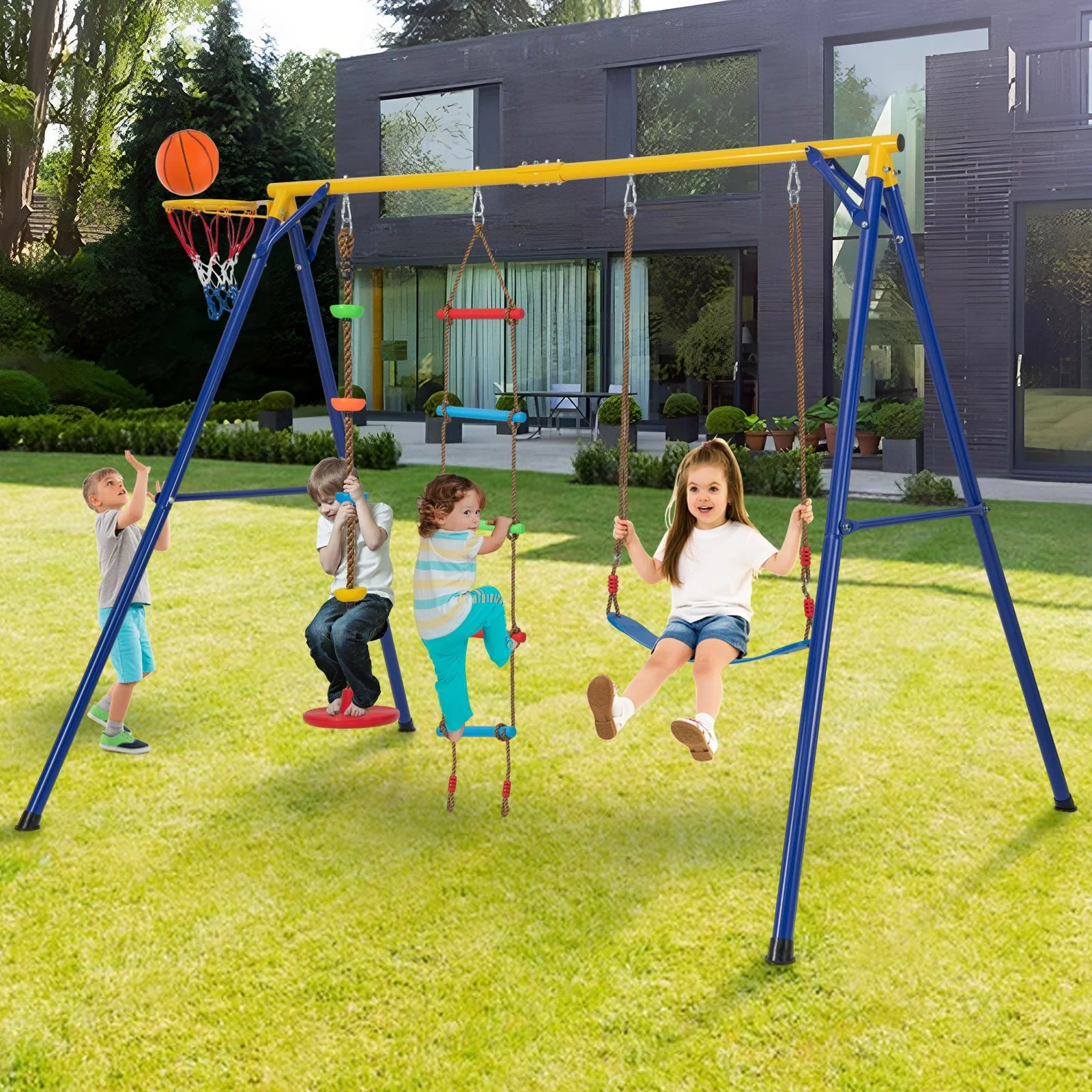4-in-1 660 lbs Heavy Duty Swing Set for Kids Aged 3-9 Years Old-Yellow - Image 2