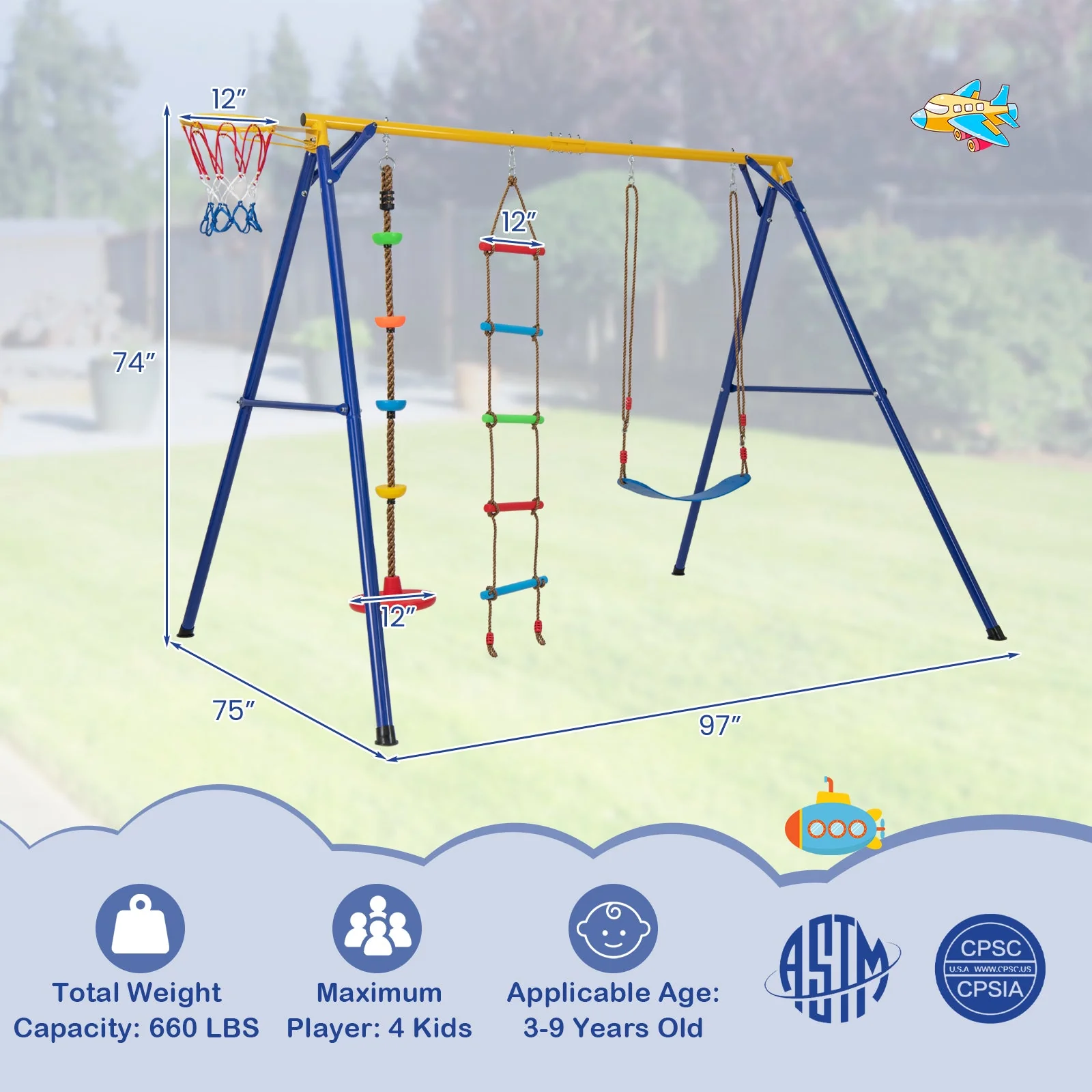 4-in-1 660 lbs Heavy Duty Swing Set for Kids Aged 3-9 Years Old-Yellow - Image 5