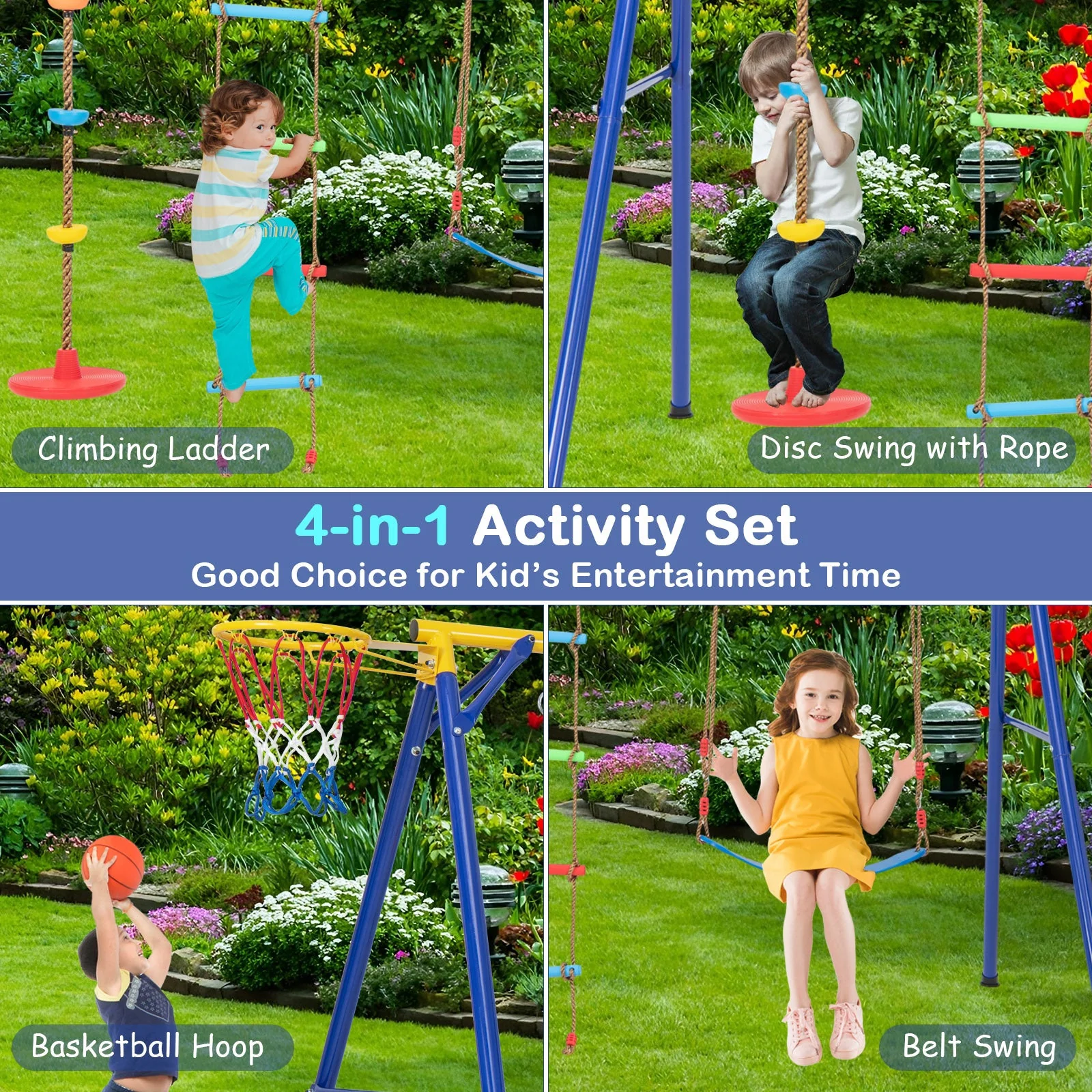 4-in-1 660 lbs Heavy Duty Swing Set for Kids Aged 3-9 Years Old-Yellow - Image 6