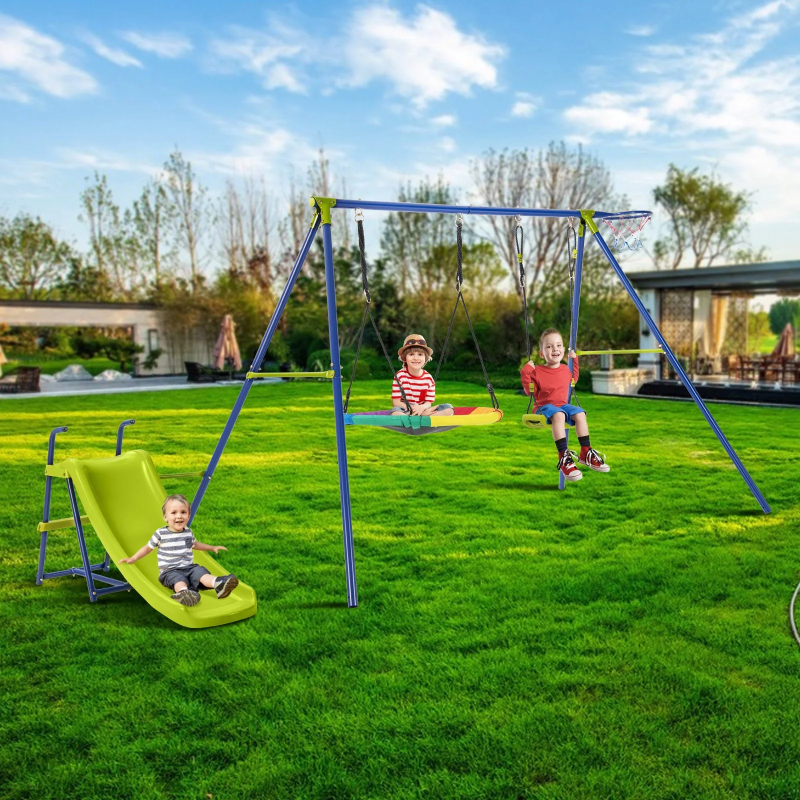 4-in-1 Heavy-Duty Metal Playset with Slide and Basketball Hoop - Image 2