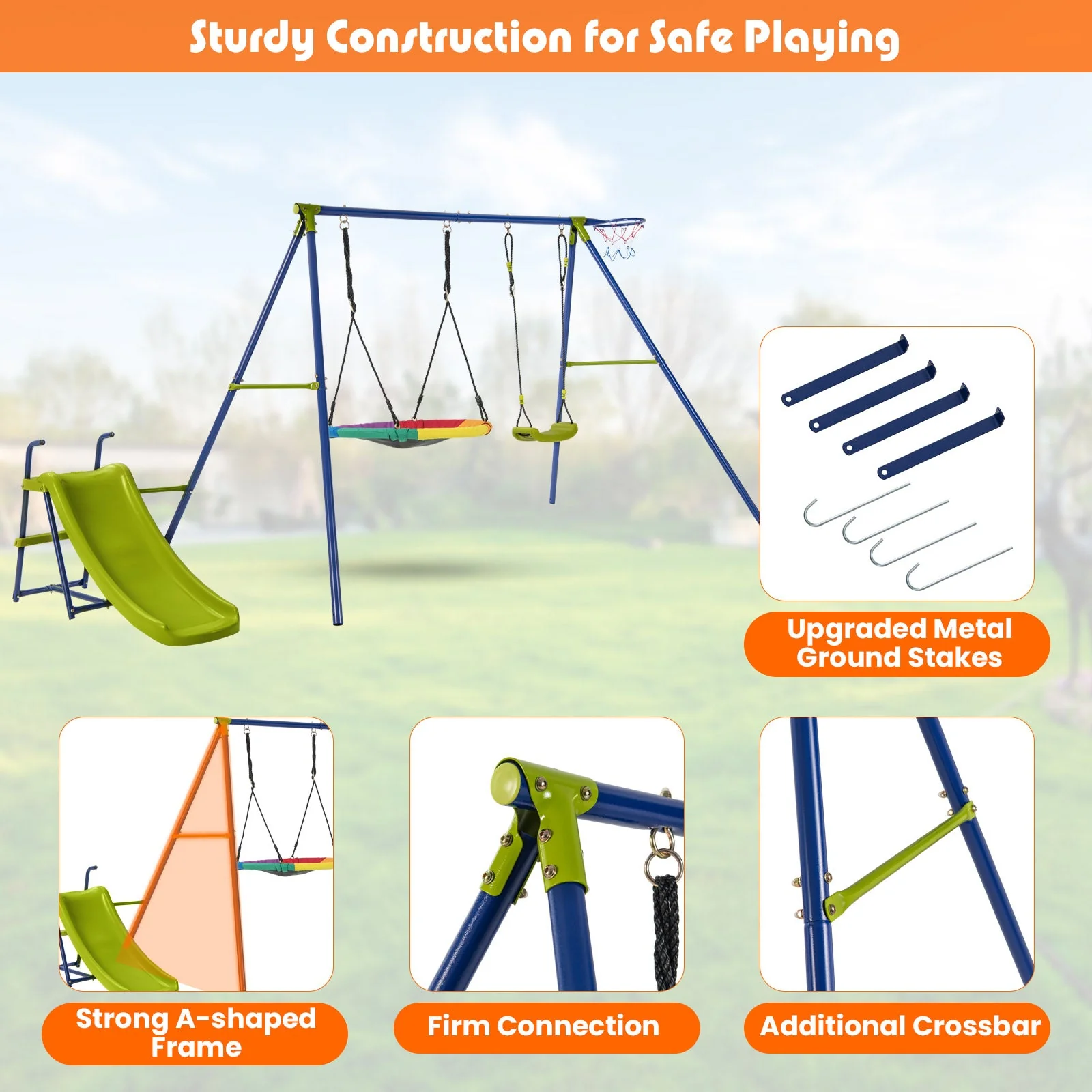 4-in-1 Heavy-Duty Metal Playset with Slide and Basketball Hoop - Image 6