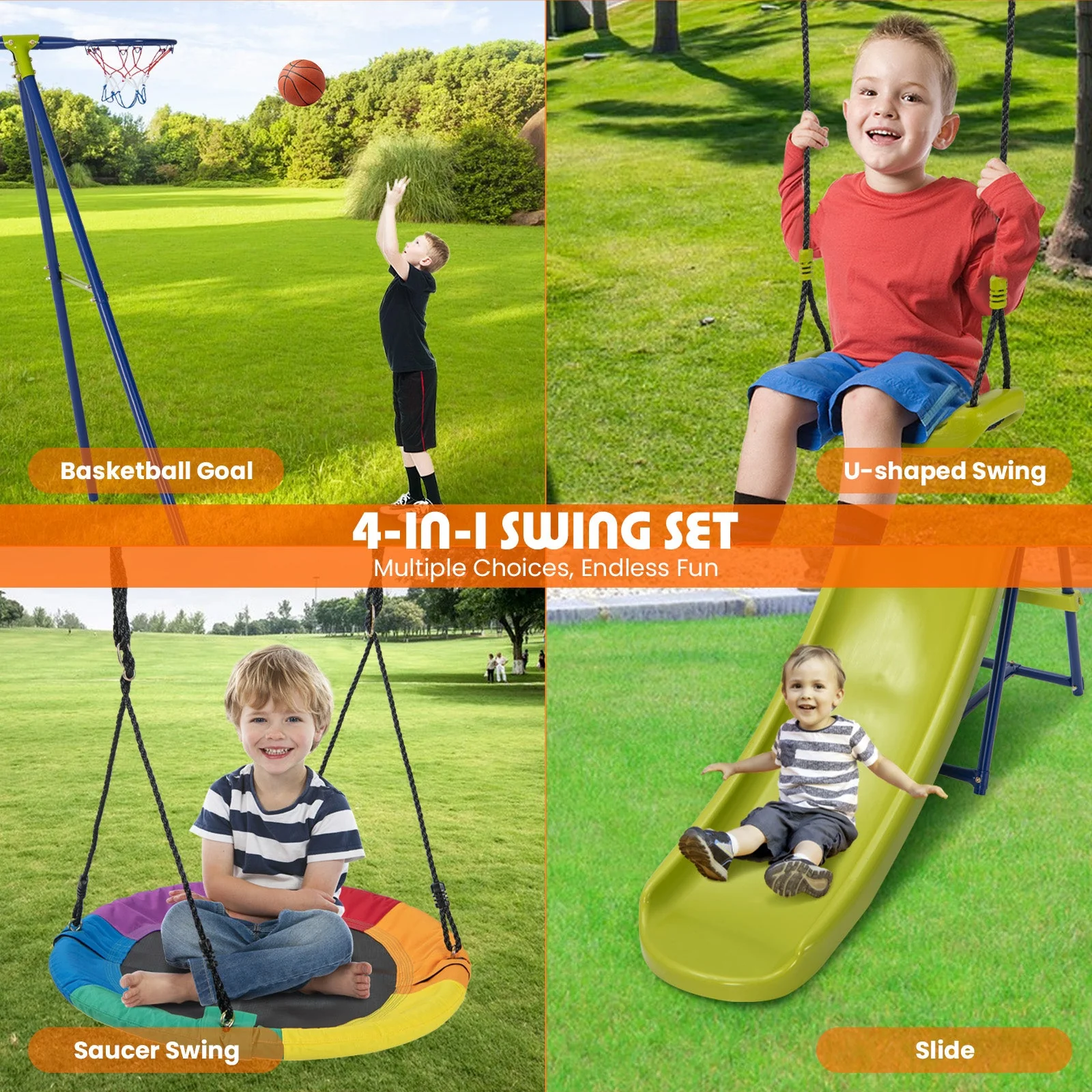 4-in-1 Heavy-Duty Metal Playset with Slide and Basketball Hoop - Image 7