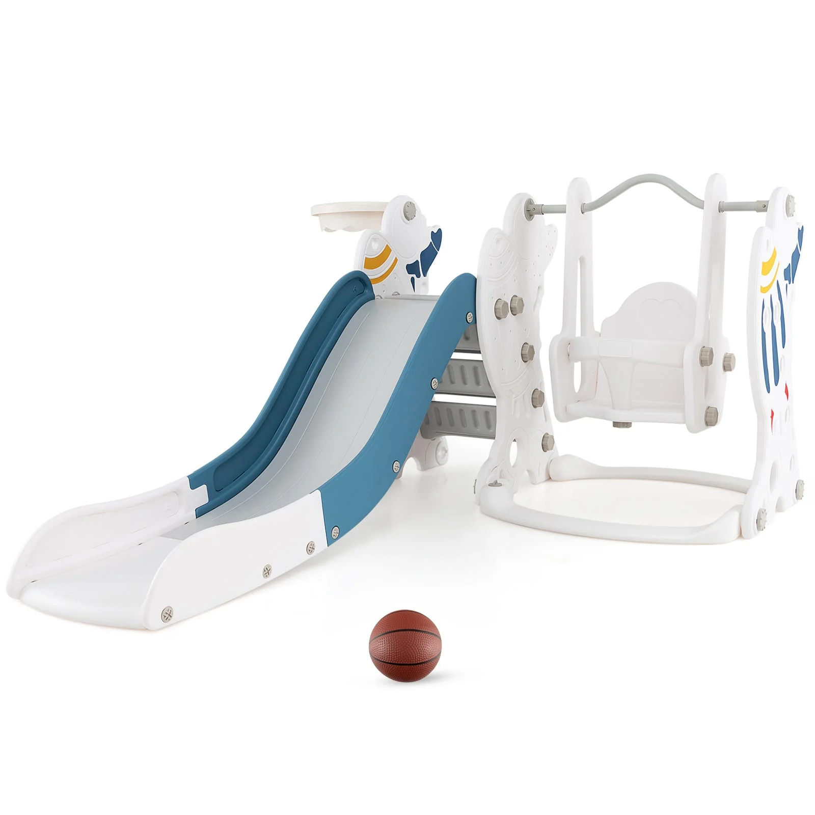 4-in-1 Kids Slide and Swing Set with Basketball Hoop-Blue - Image 2