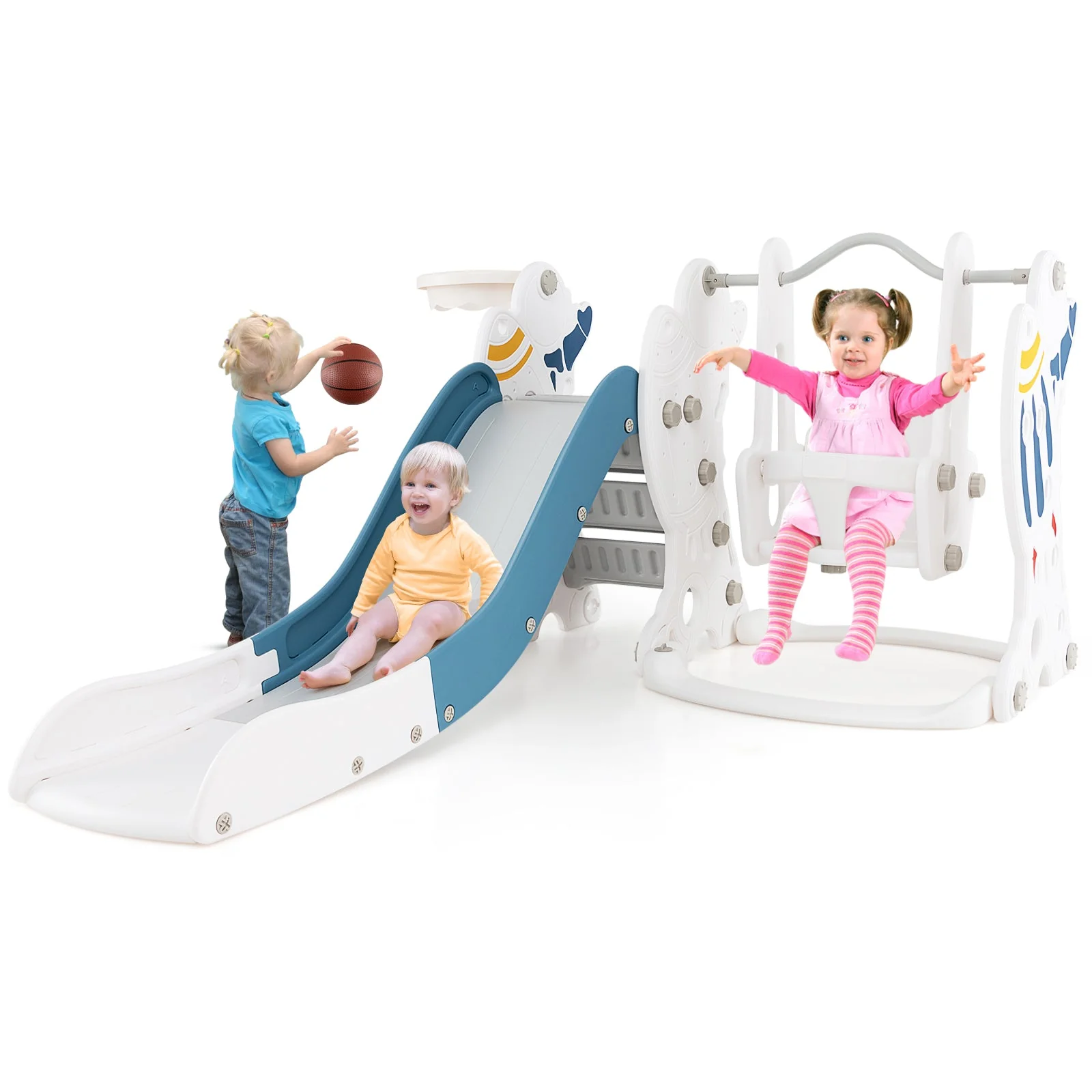 4-in-1 Kids Slide and Swing Set with Basketball Hoop-Blue - Image 3