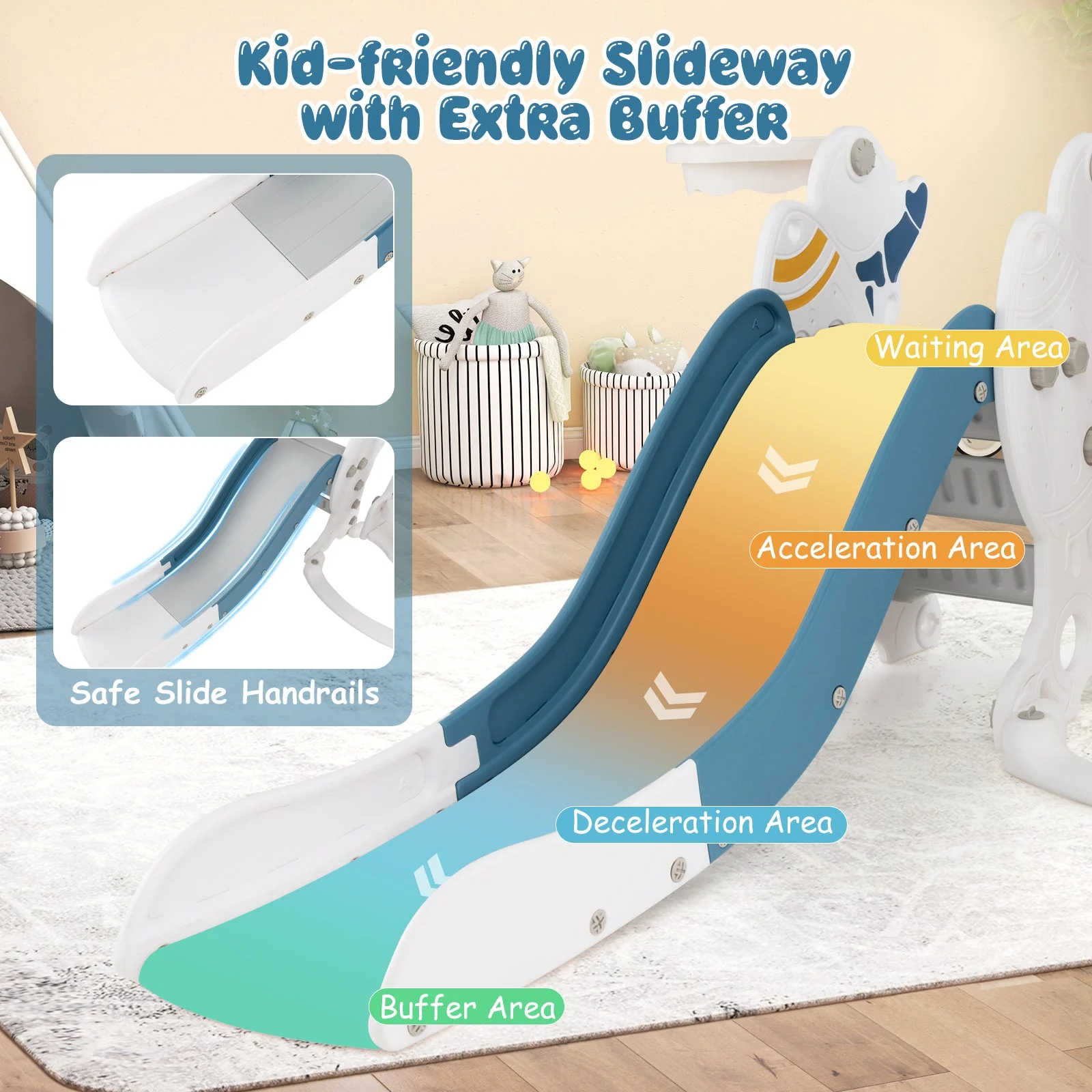 4-in-1 Kids Slide and Swing Set with Basketball Hoop-Blue - Image 7