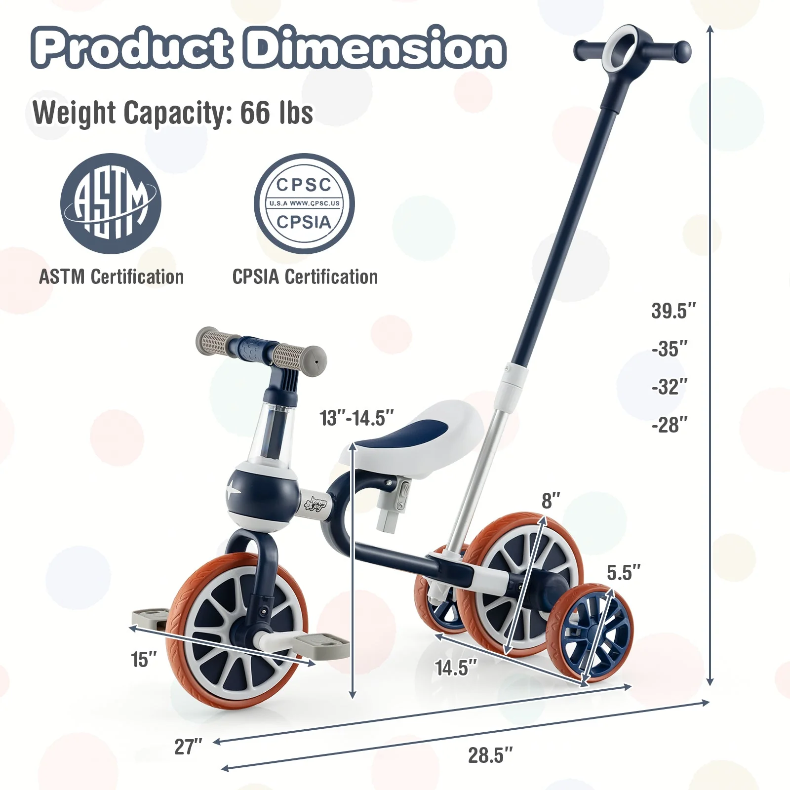 4-in-1 Kids Trike Bike with Adjustable Parent Push Handle and Seat Height-Navy - Image 3