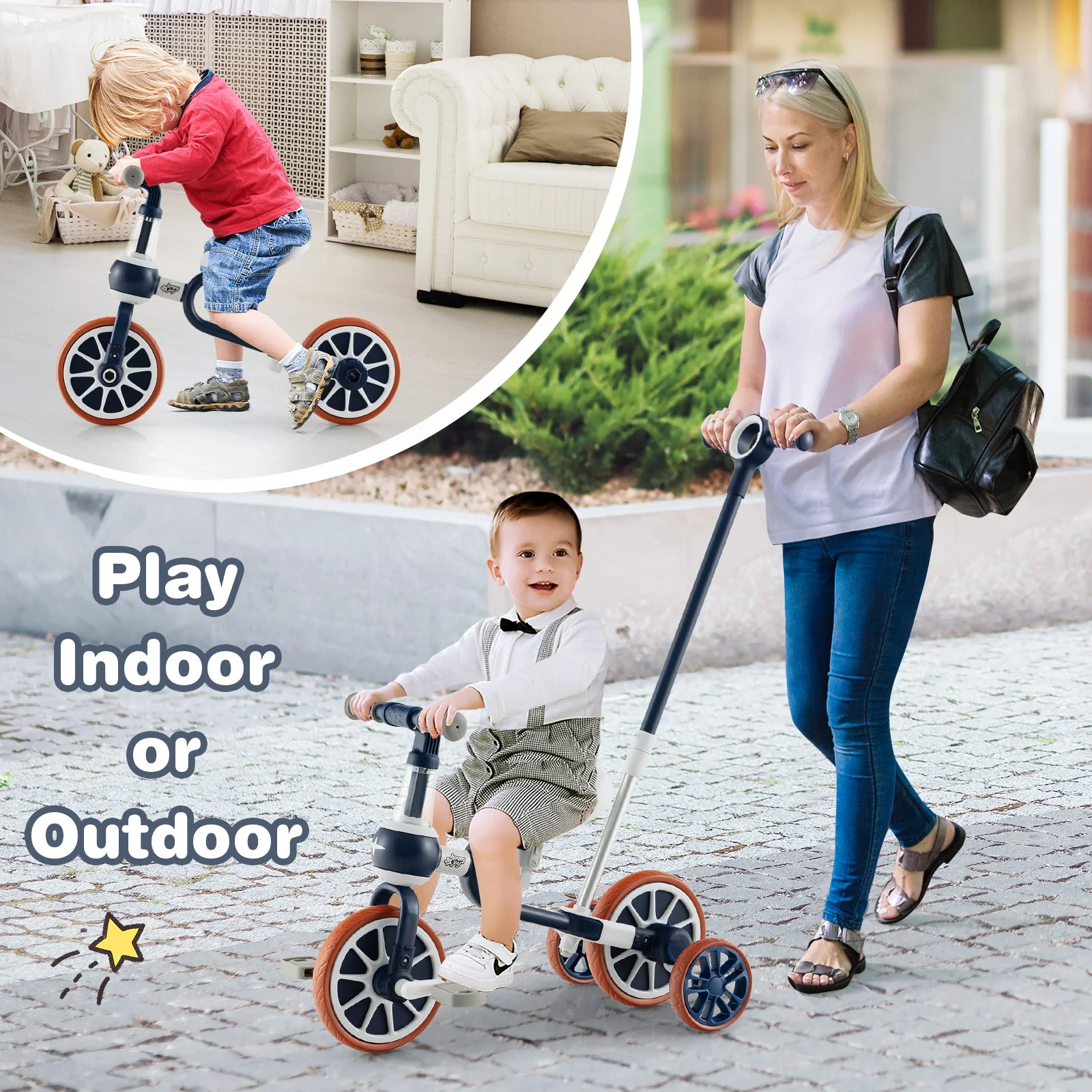 4-in-1 Kids Trike Bike with Adjustable Parent Push Handle and Seat Height-Navy - Image 4