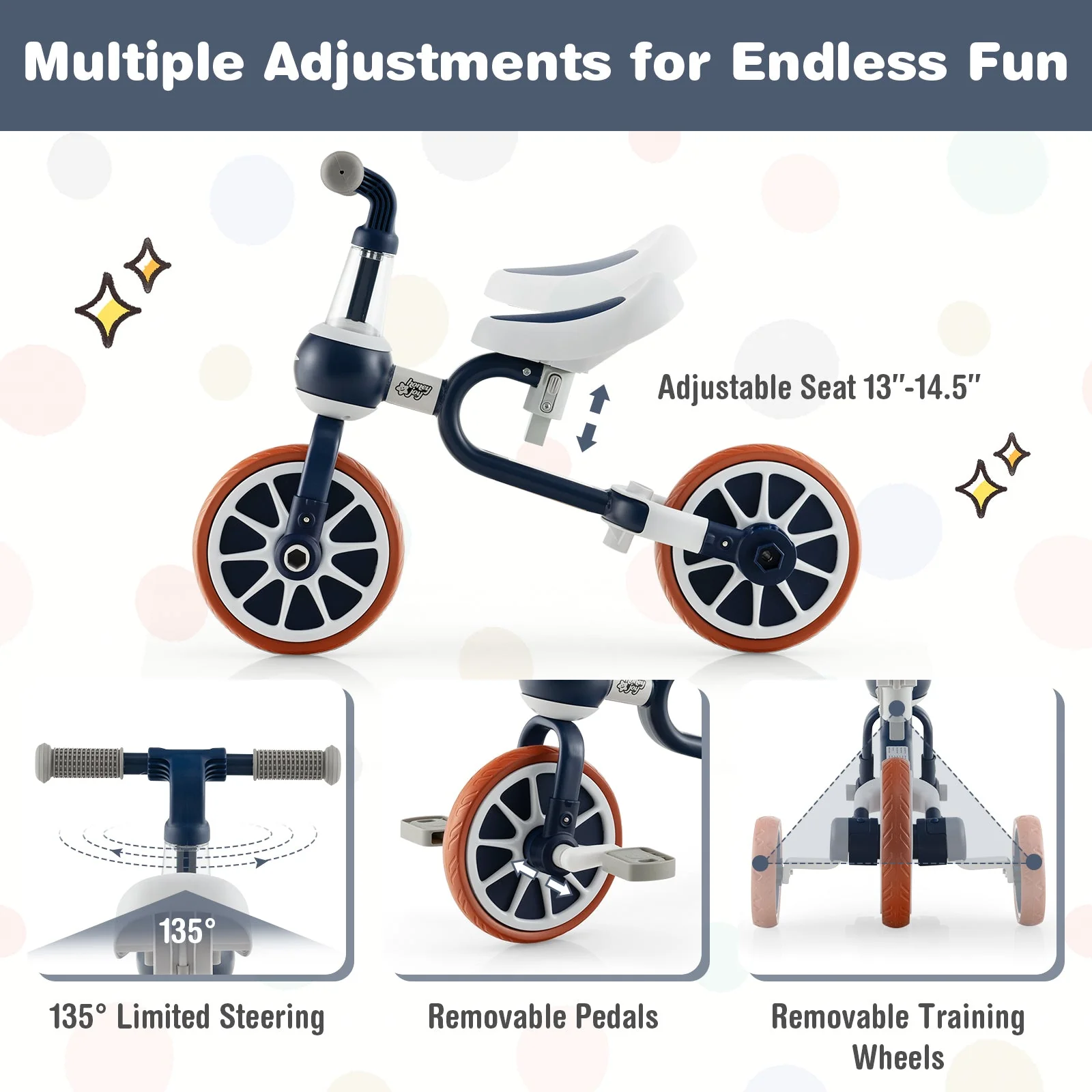 4-in-1 Kids Trike Bike with Adjustable Parent Push Handle and Seat Height-Navy - Image 6