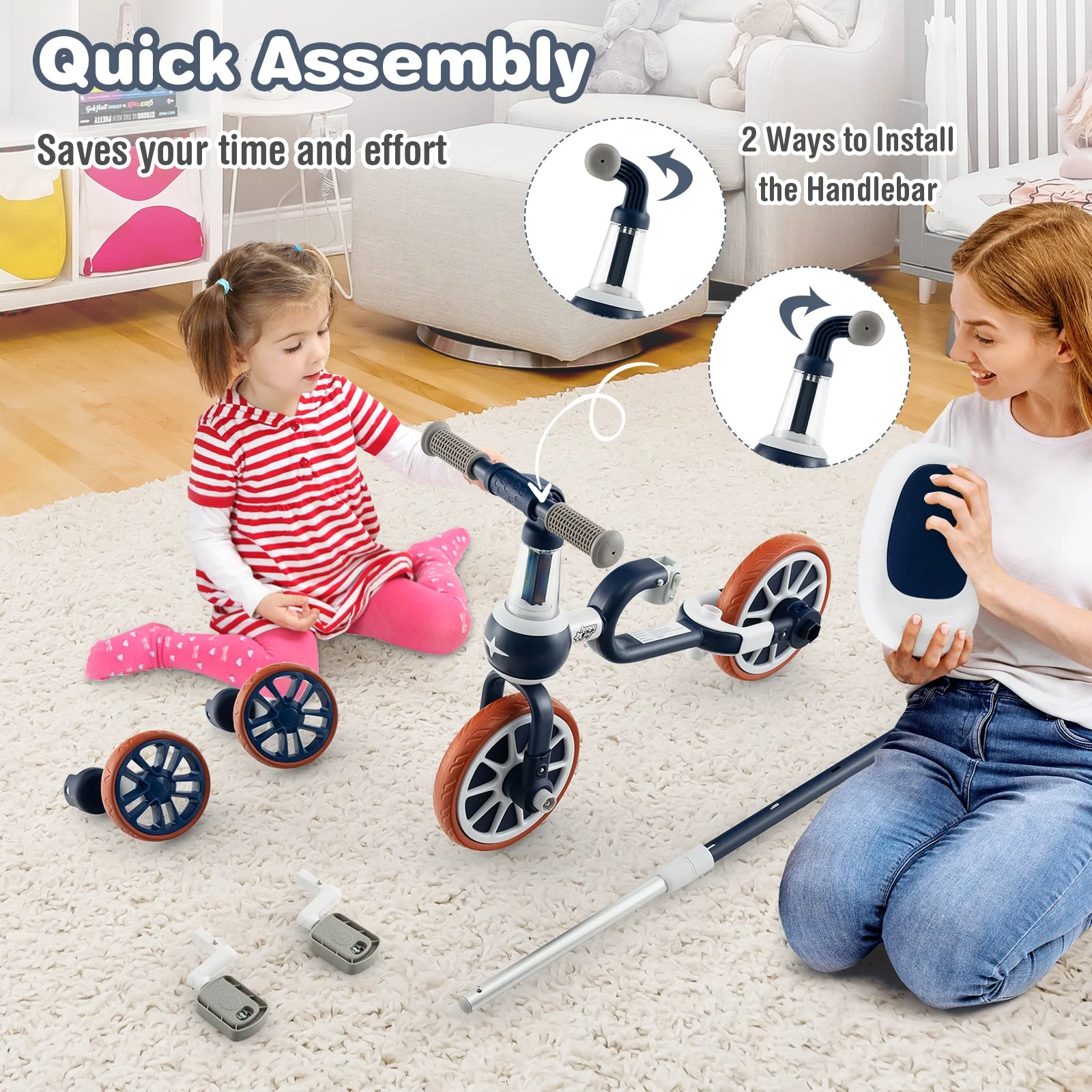 4-in-1 Kids Trike Bike with Adjustable Parent Push Handle and Seat Height-Navy - Image 8