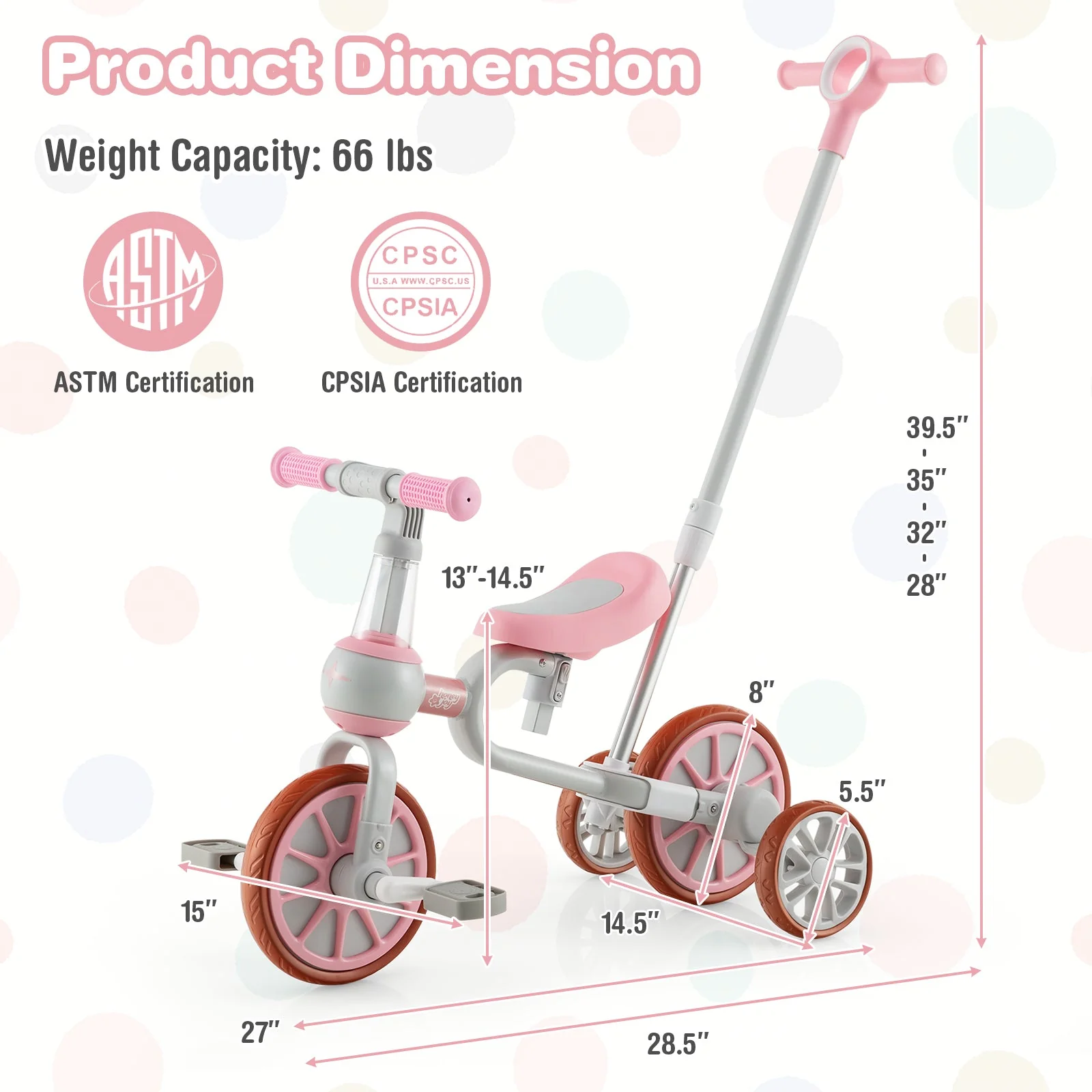 4-in-1 Kids Trike Bike with Adjustable Parent Push Handle and Seat Height-Pink - Image 3