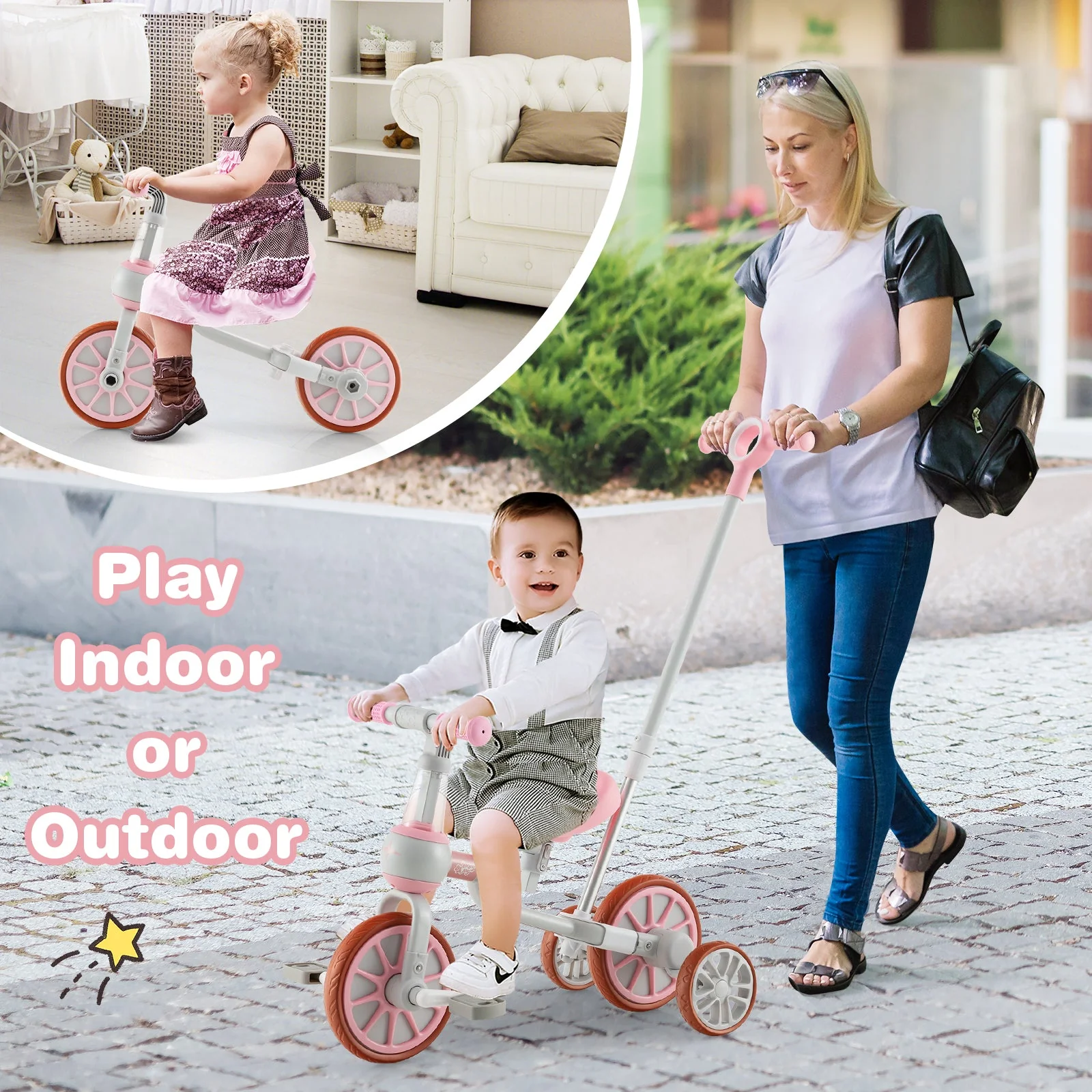 4-in-1 Kids Trike Bike with Adjustable Parent Push Handle and Seat Height-Pink - Image 4