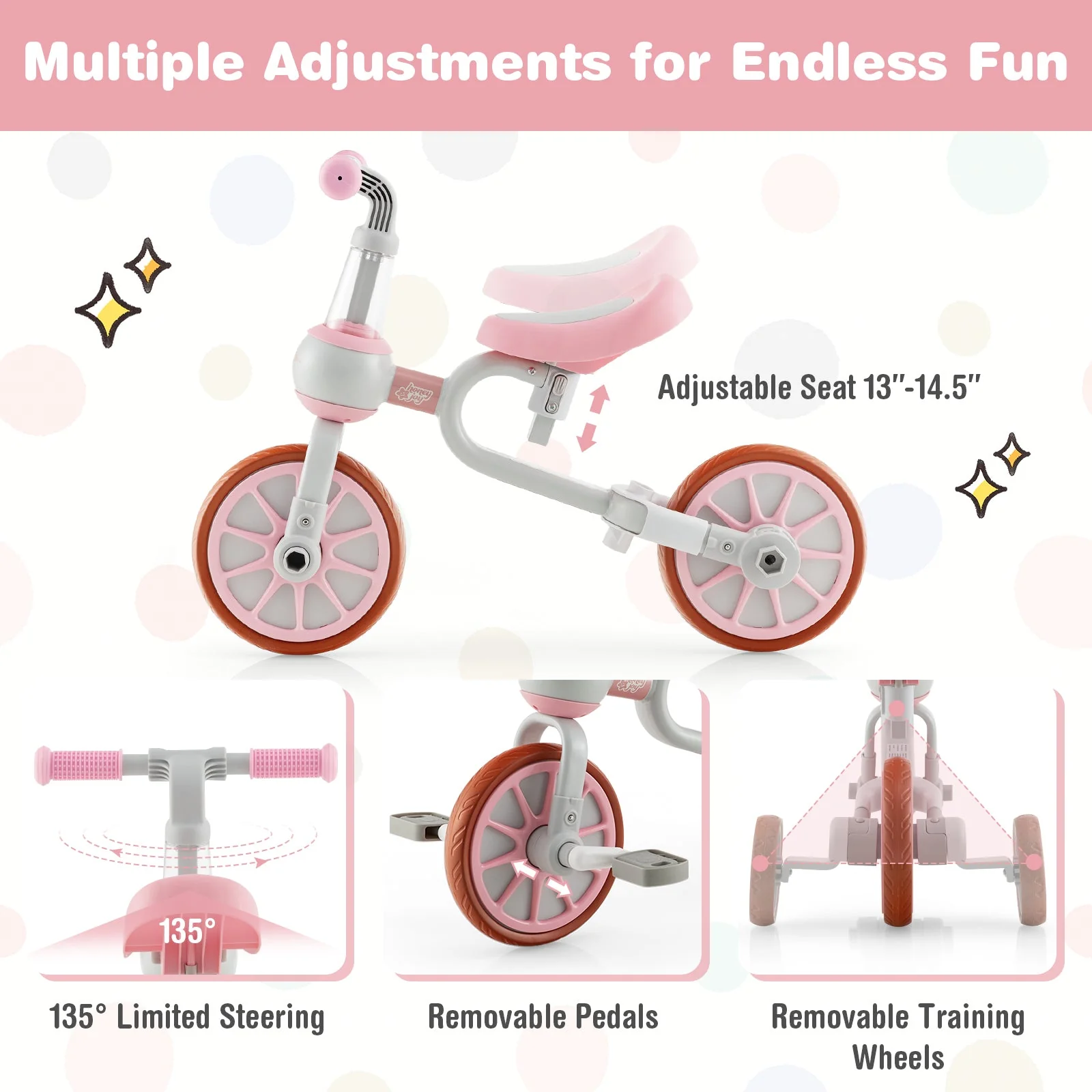 4-in-1 Kids Trike Bike with Adjustable Parent Push Handle and Seat Height-Pink - Image 5