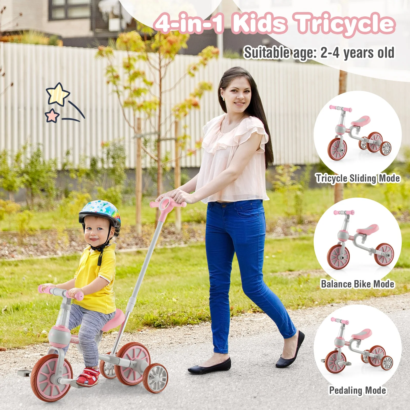 4-in-1 Kids Trike Bike with Adjustable Parent Push Handle and Seat Height-Pink - Image 6