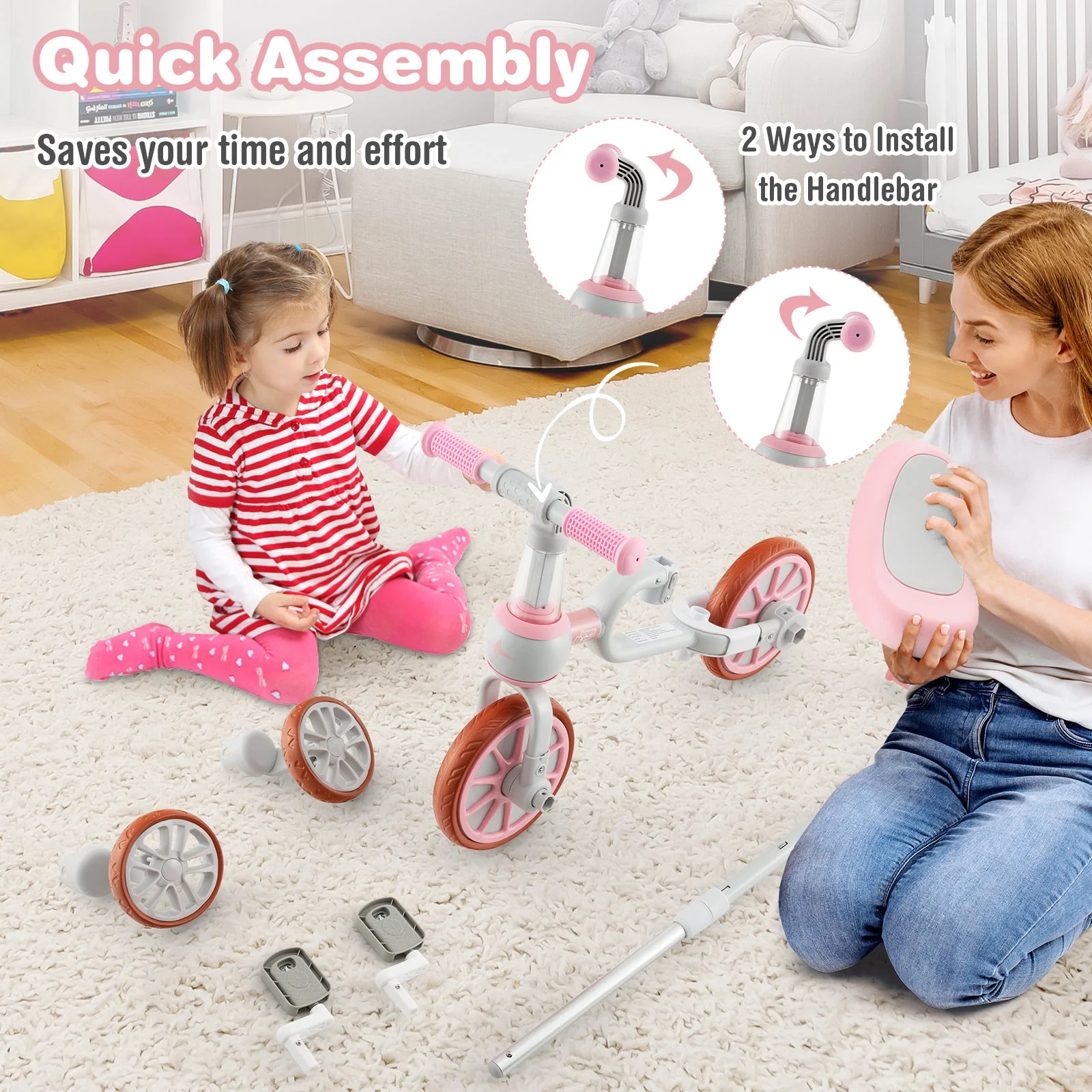 4-in-1 Kids Trike Bike with Adjustable Parent Push Handle and Seat Height-Pink - Image 7