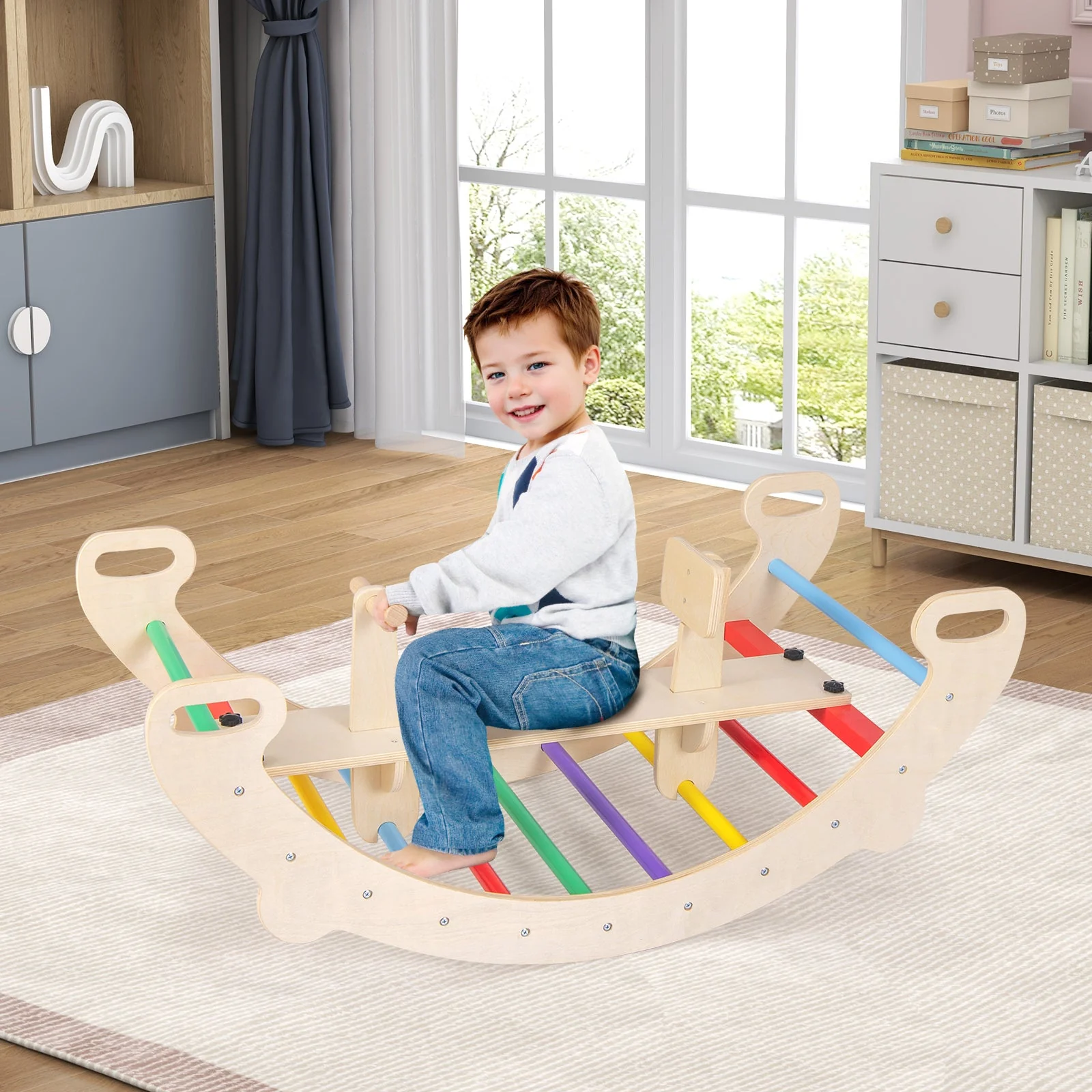 4-in-1 Multifunctional Wooden Climbing Toys with Rocker and Crawling Tunnel-Multicolor - Image 2
