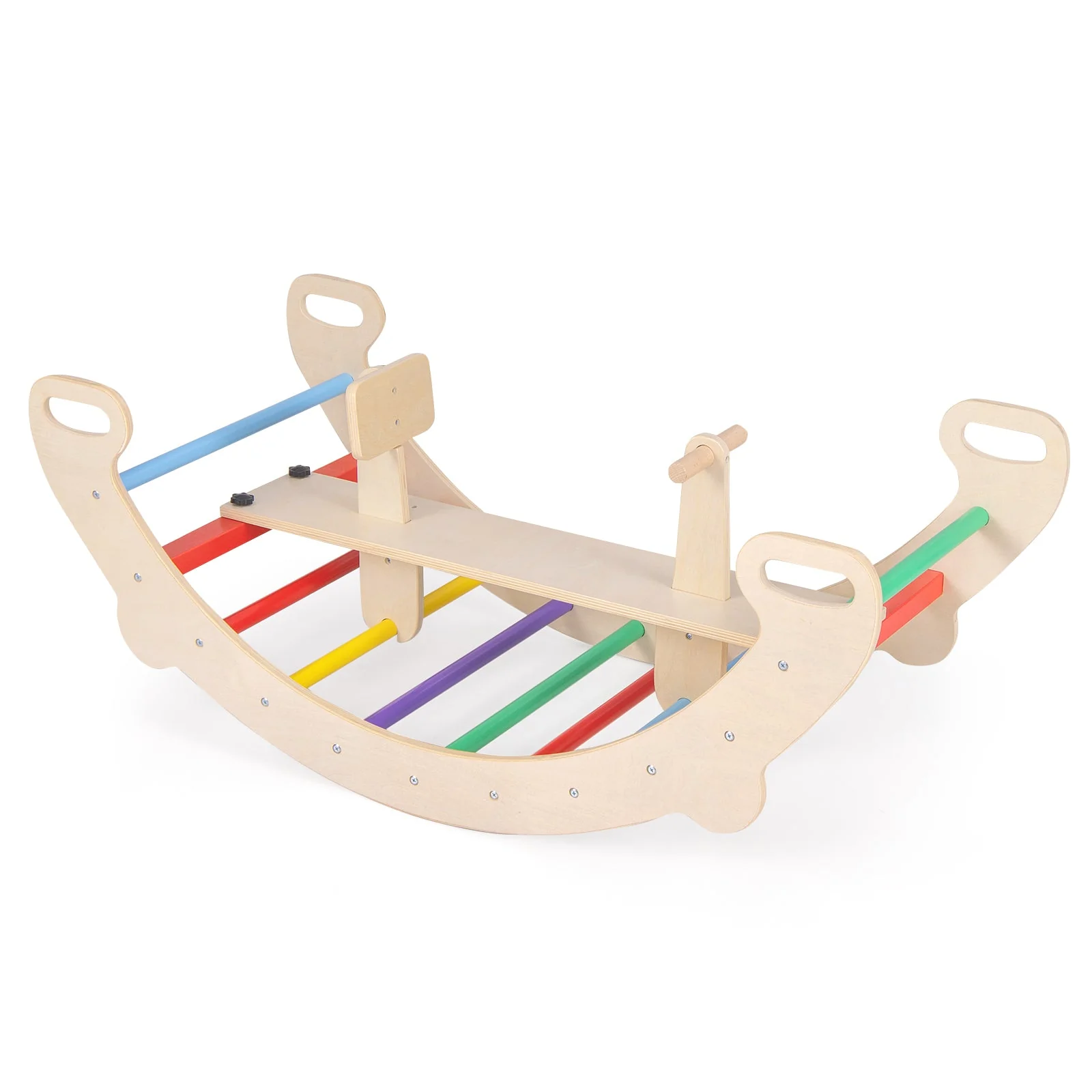 4-in-1 Multifunctional Wooden Climbing Toys with Rocker and Crawling Tunnel-Multicolor - Image 3