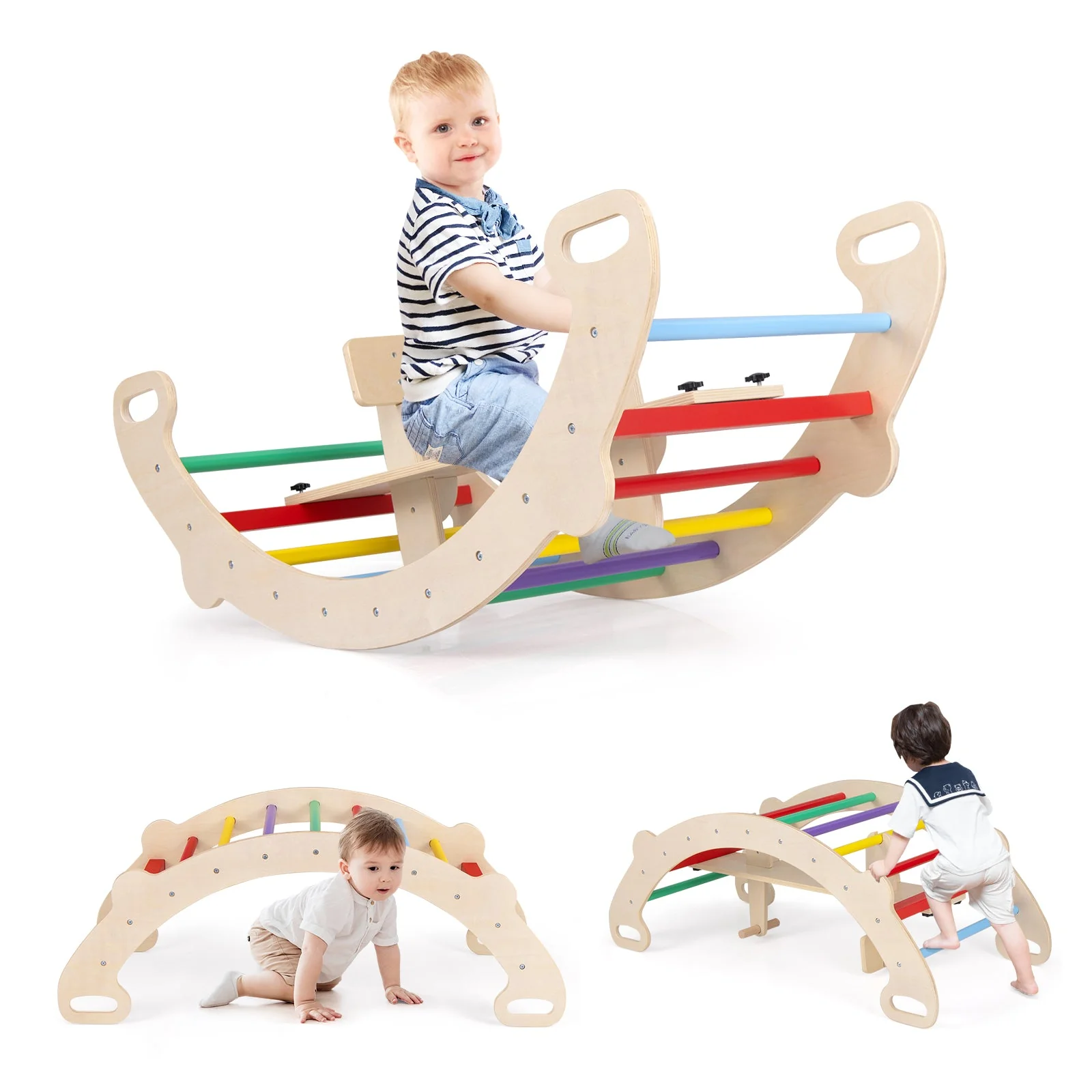 4-in-1 Multifunctional Wooden Climbing Toys with Rocker and Crawling Tunnel-Multicolor - Image 4