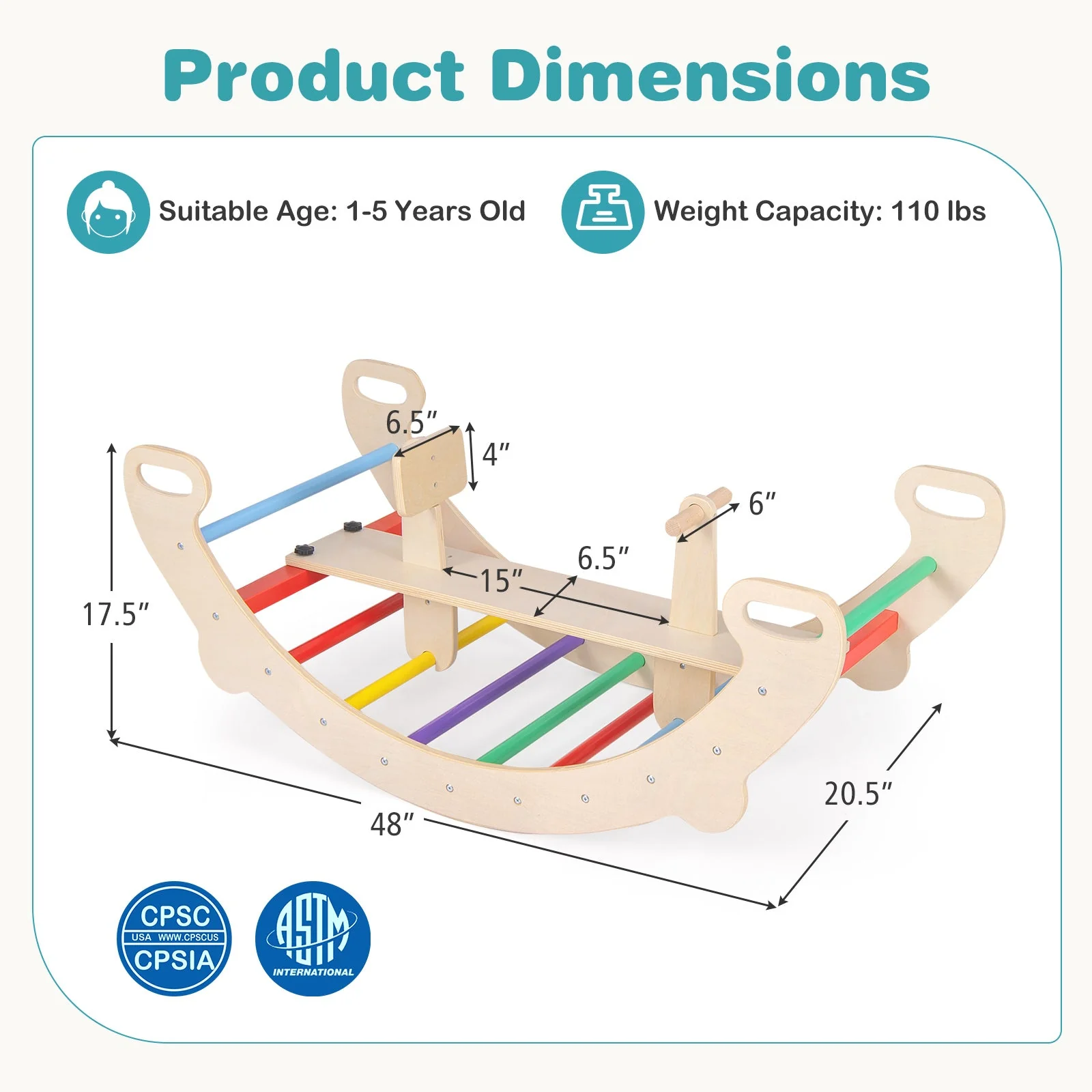 4-in-1 Multifunctional Wooden Climbing Toys with Rocker and Crawling Tunnel-Multicolor - Image 5