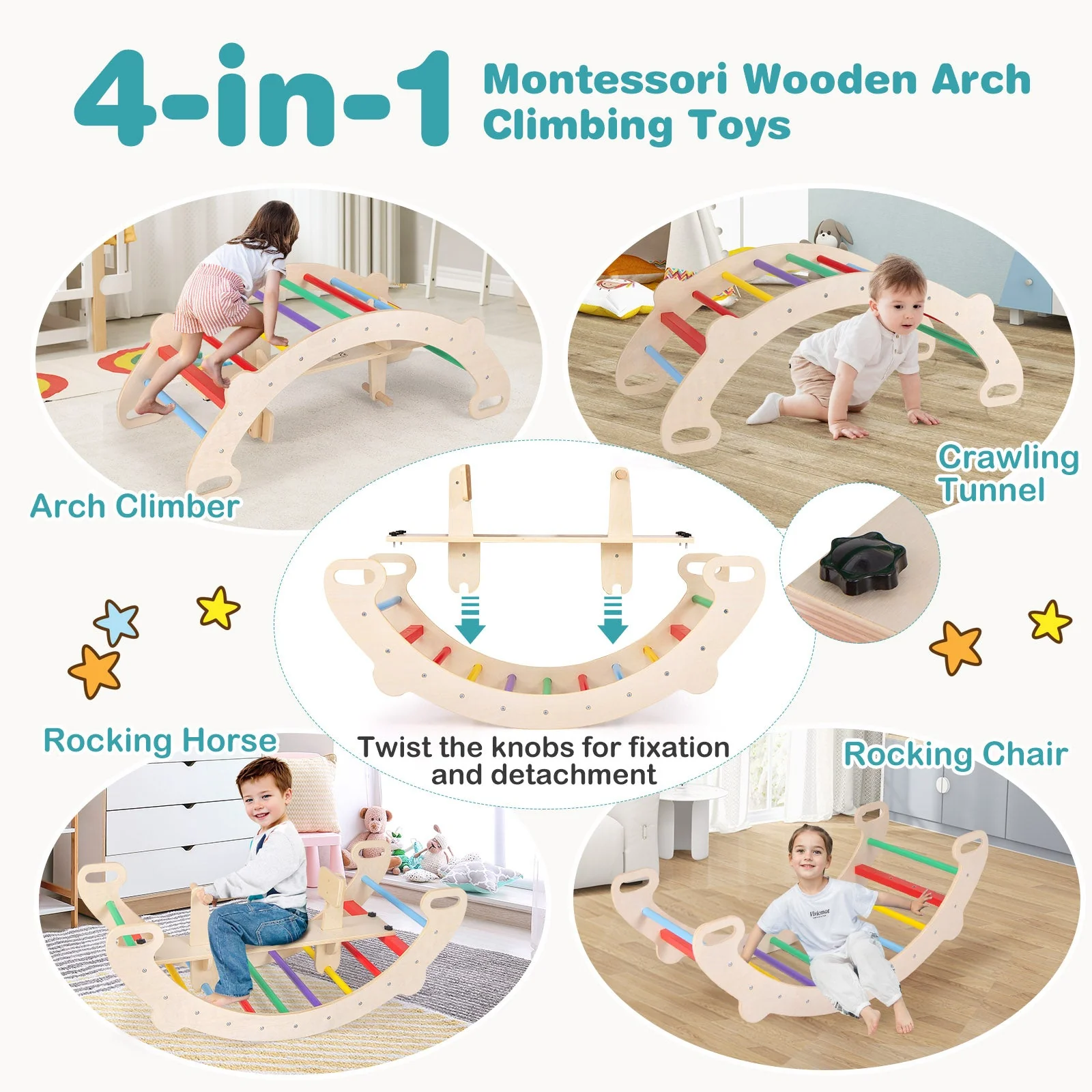 4-in-1 Multifunctional Wooden Climbing Toys with Rocker and Crawling Tunnel-Multicolor - Image 6