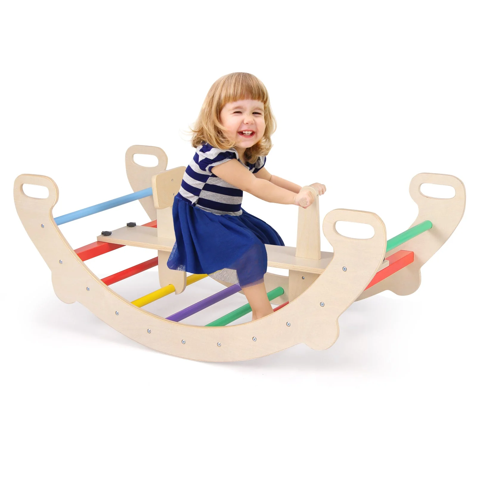 4-in-1 Multifunctional Wooden Climbing Toys with Rocker and Crawling Tunnel-Multicolor - Image 7