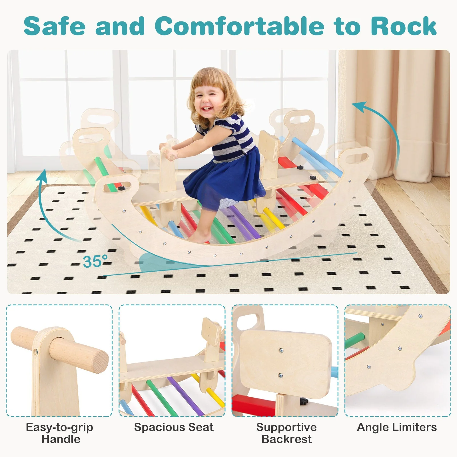 4-in-1 Multifunctional Wooden Climbing Toys with Rocker and Crawling Tunnel-Multicolor - Image 8