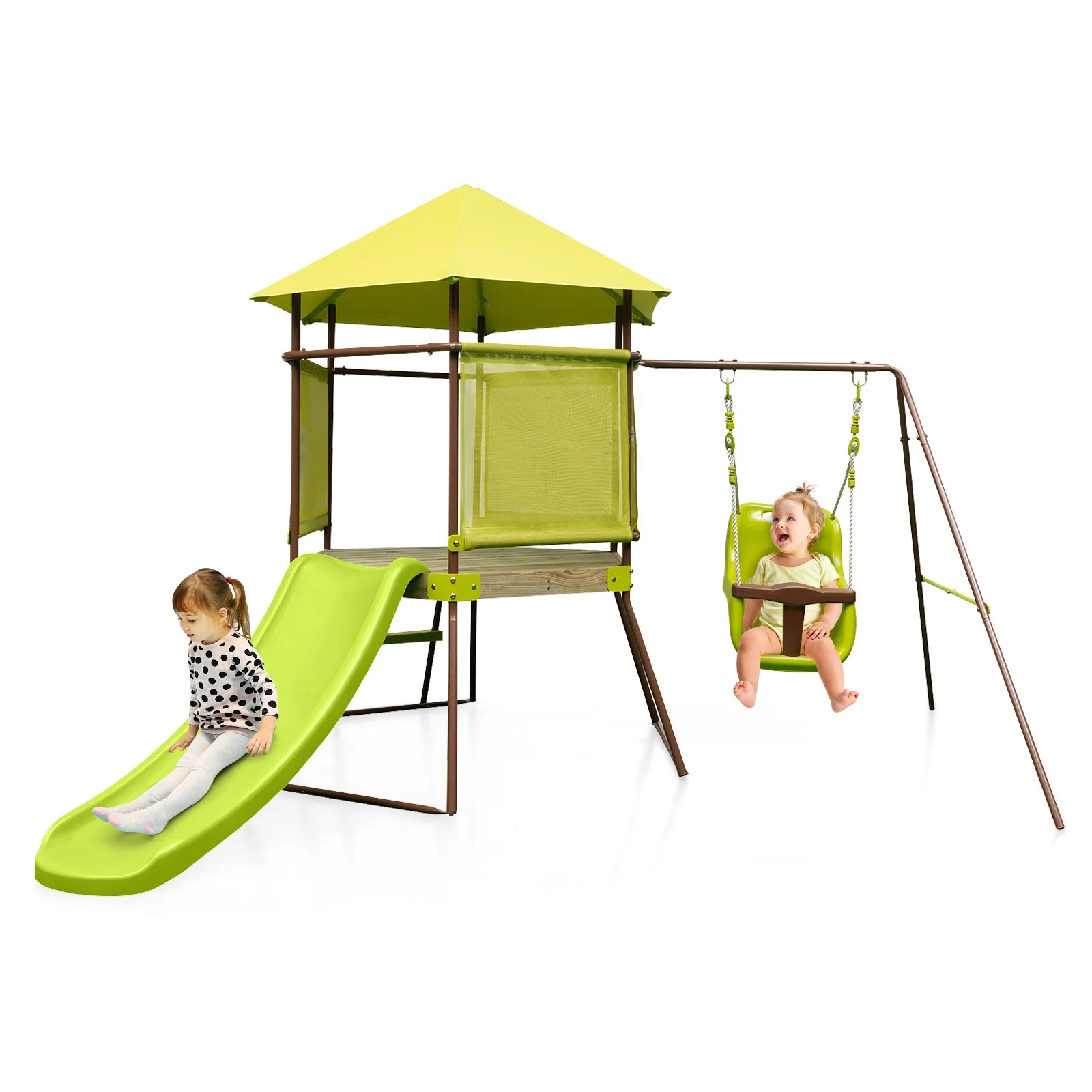 4-in-1 Swing Set with Covered Playhouse Fort and Height Adjustable Baby Seat-Green - Image 2