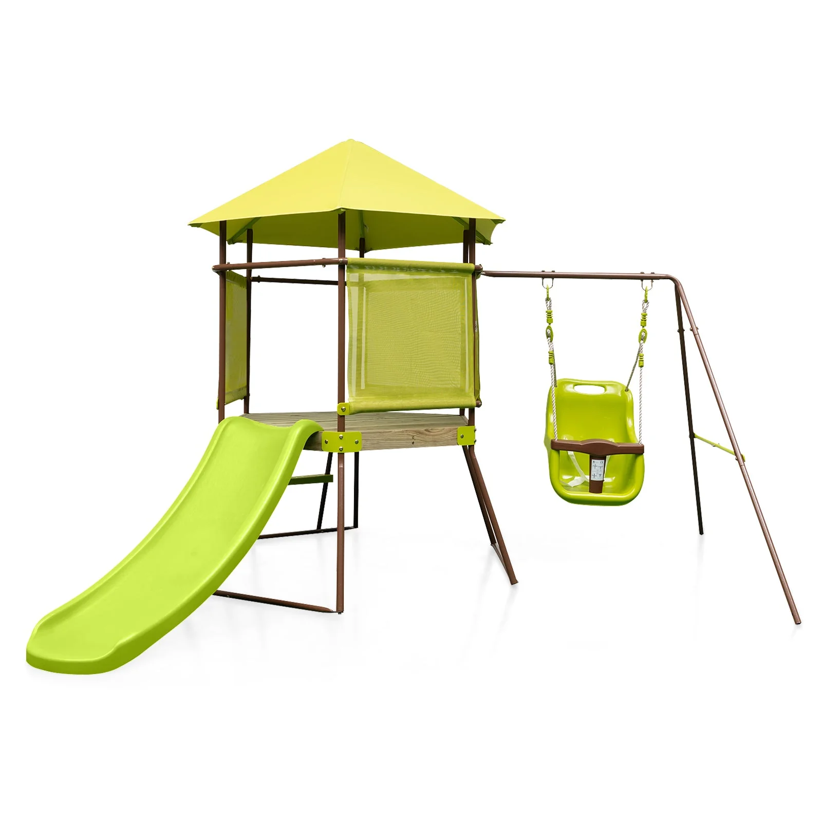 4-in-1 Swing Set with Covered Playhouse Fort and Height Adjustable Baby Seat-Green - Image 3