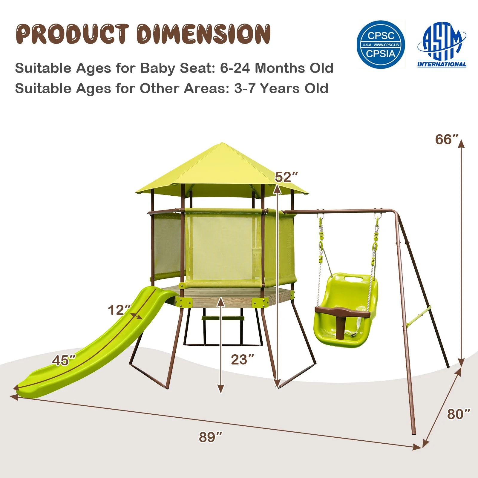 4-in-1 Swing Set with Covered Playhouse Fort and Height Adjustable Baby Seat-Green - Image 4