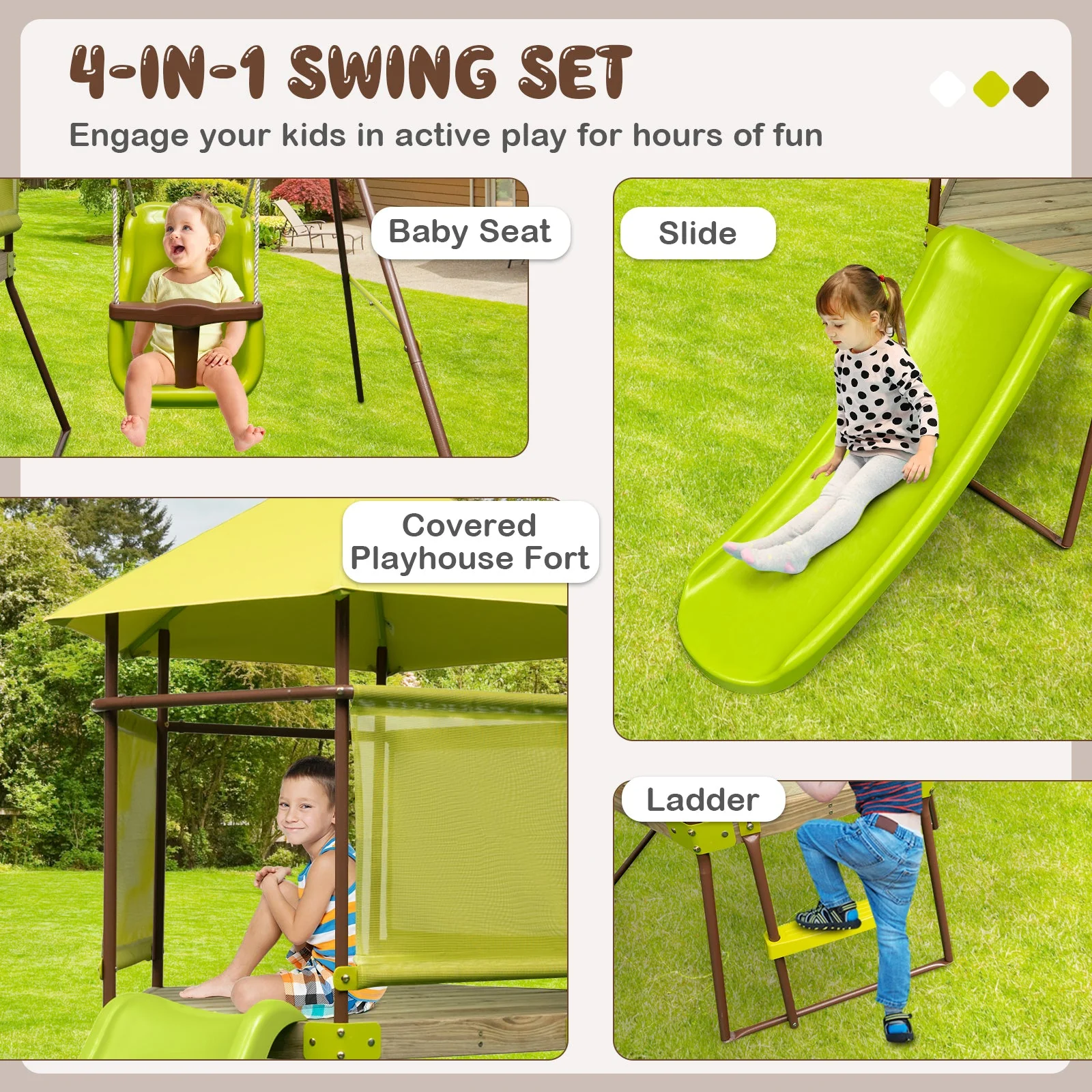 4-in-1 Swing Set with Covered Playhouse Fort and Height Adjustable Baby Seat-Green - Image 5