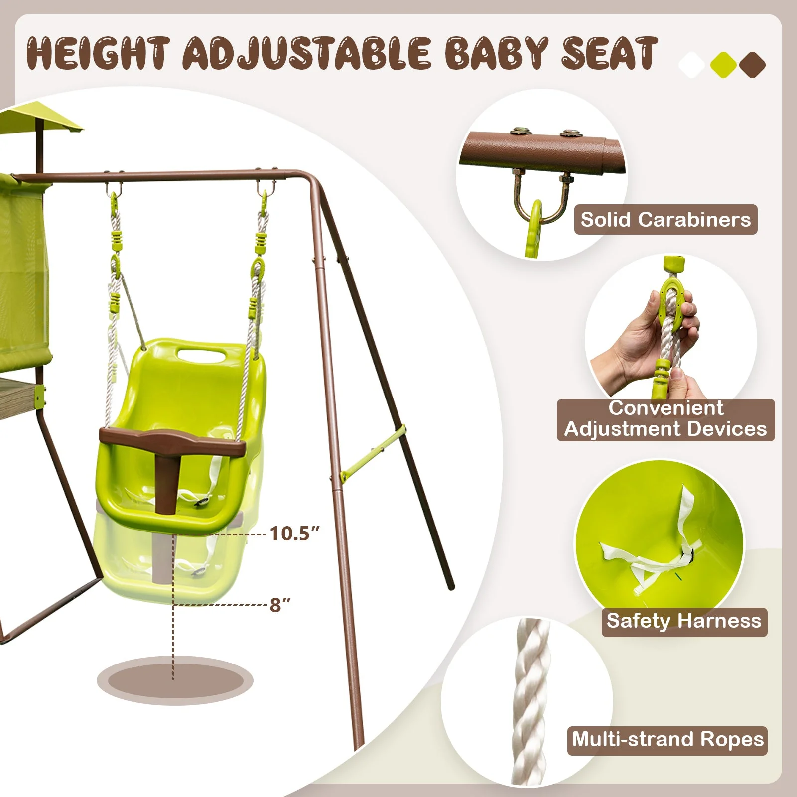 4-in-1 Swing Set with Covered Playhouse Fort and Height Adjustable Baby Seat-Green - Image 6