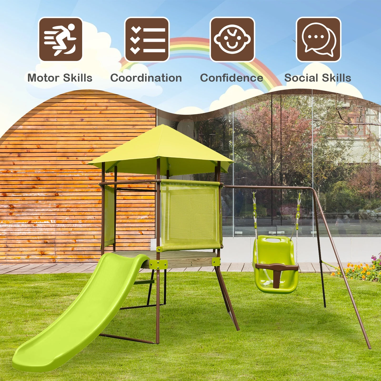 4-in-1 Swing Set with Covered Playhouse Fort and Height Adjustable Baby Seat-Green - Image 7