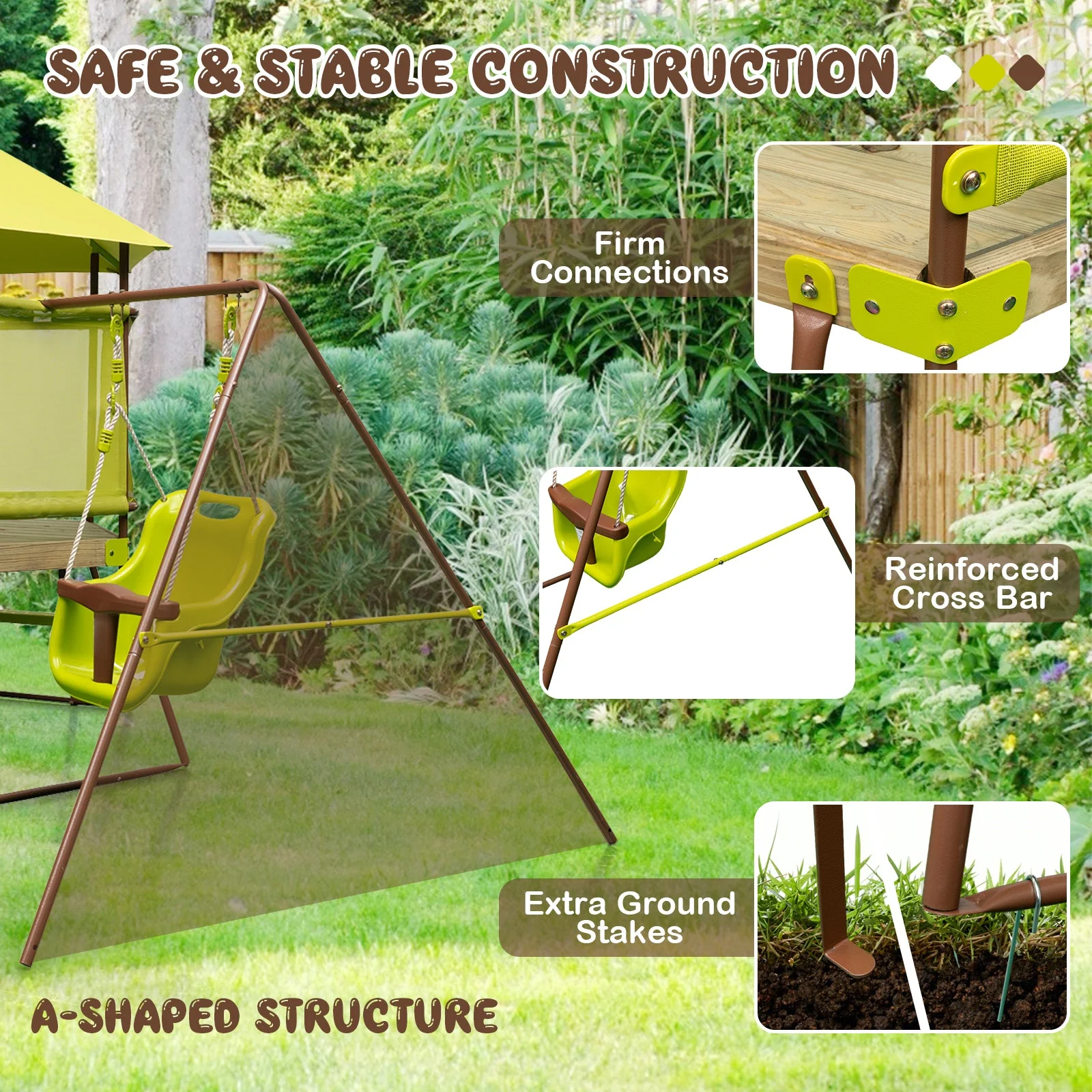 4-in-1 Swing Set with Covered Playhouse Fort and Height Adjustable Baby Seat-Green - Image 8