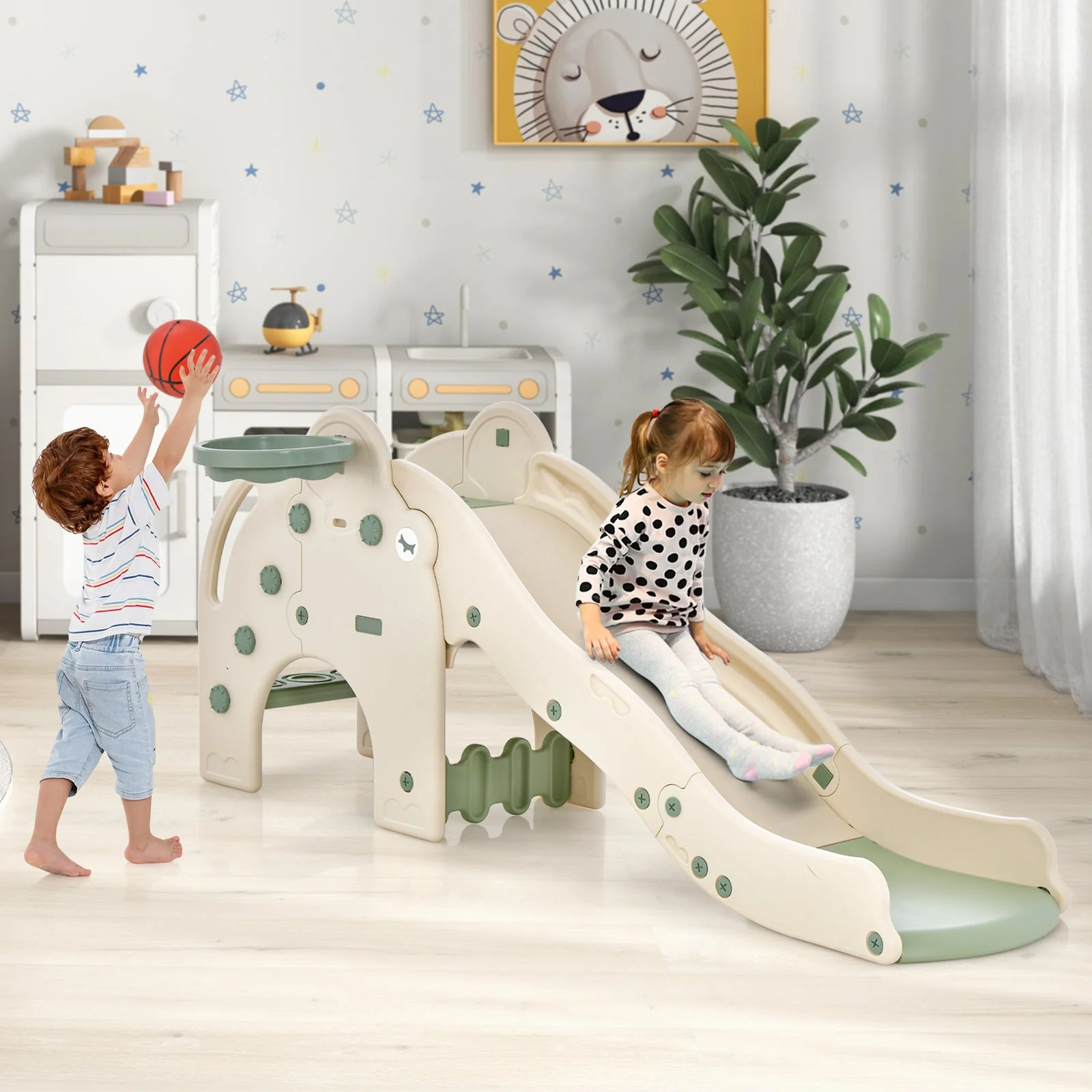 4-in-1 Toddler Slide Kids Play Slide with Cute Elephant Shape-Green - Image 2
