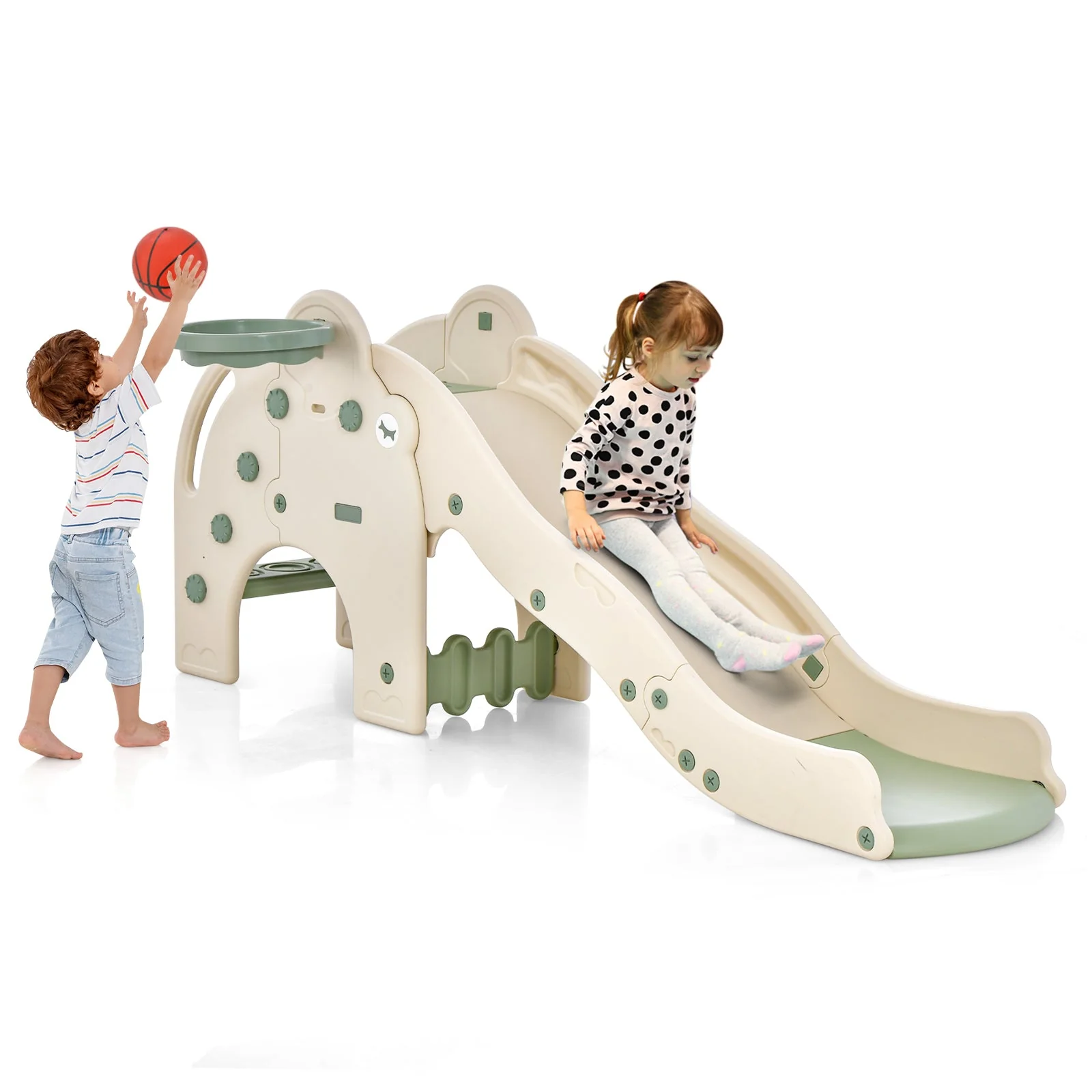 4-in-1 Toddler Slide Kids Play Slide with Cute Elephant Shape-Green - Image 3