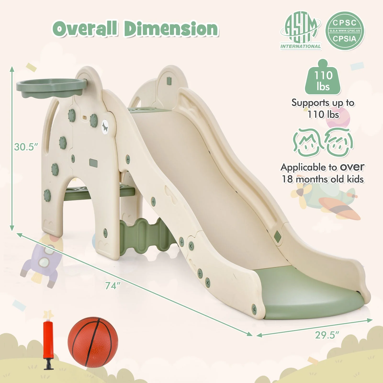 4-in-1 Toddler Slide Kids Play Slide with Cute Elephant Shape-Green - Image 5