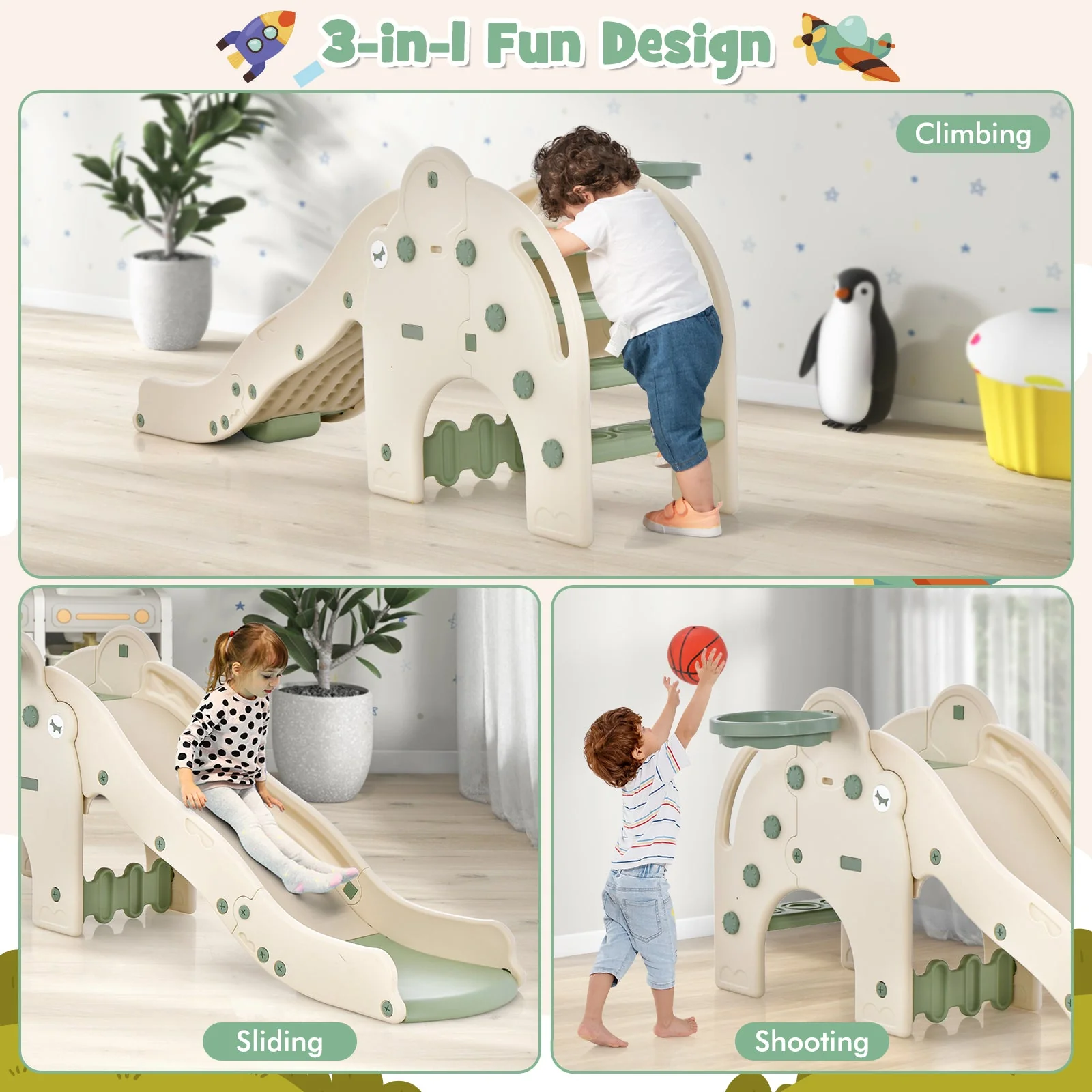 4-in-1 Toddler Slide Kids Play Slide with Cute Elephant Shape-Green - Image 6