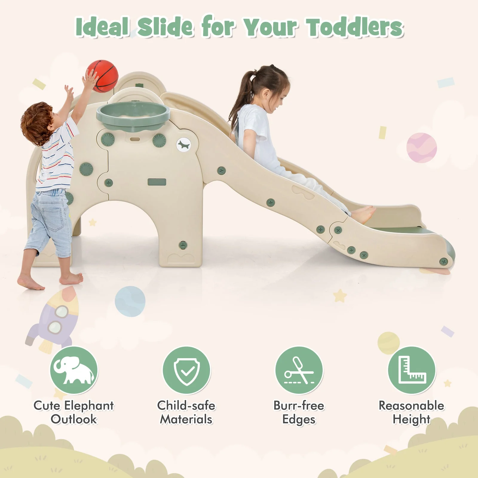 4-in-1 Toddler Slide Kids Play Slide with Cute Elephant Shape-Green - Image 8
