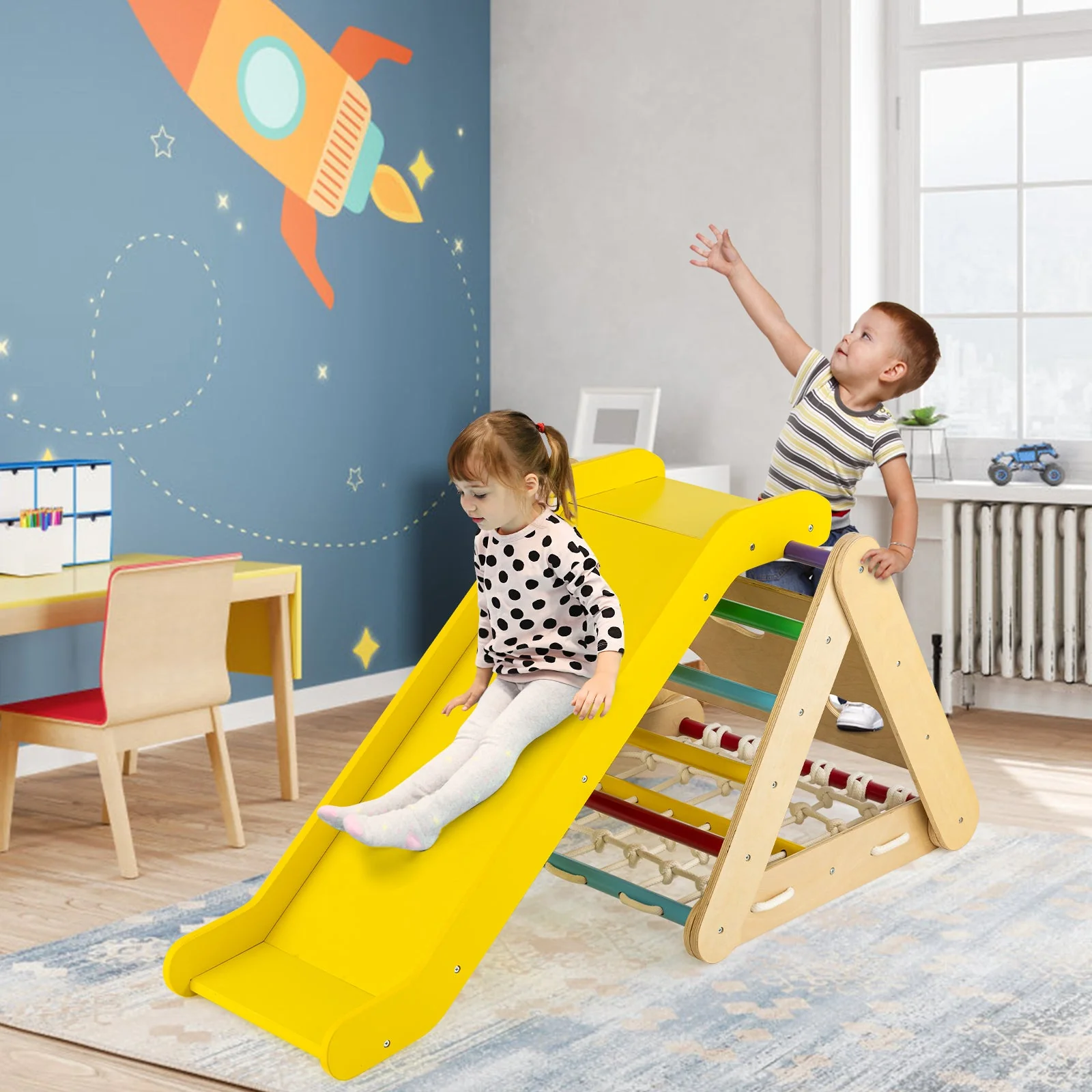 4 in 1 Triangle Climber Toy with Sliding Board and Climbing Net-Multicolor - Image 2